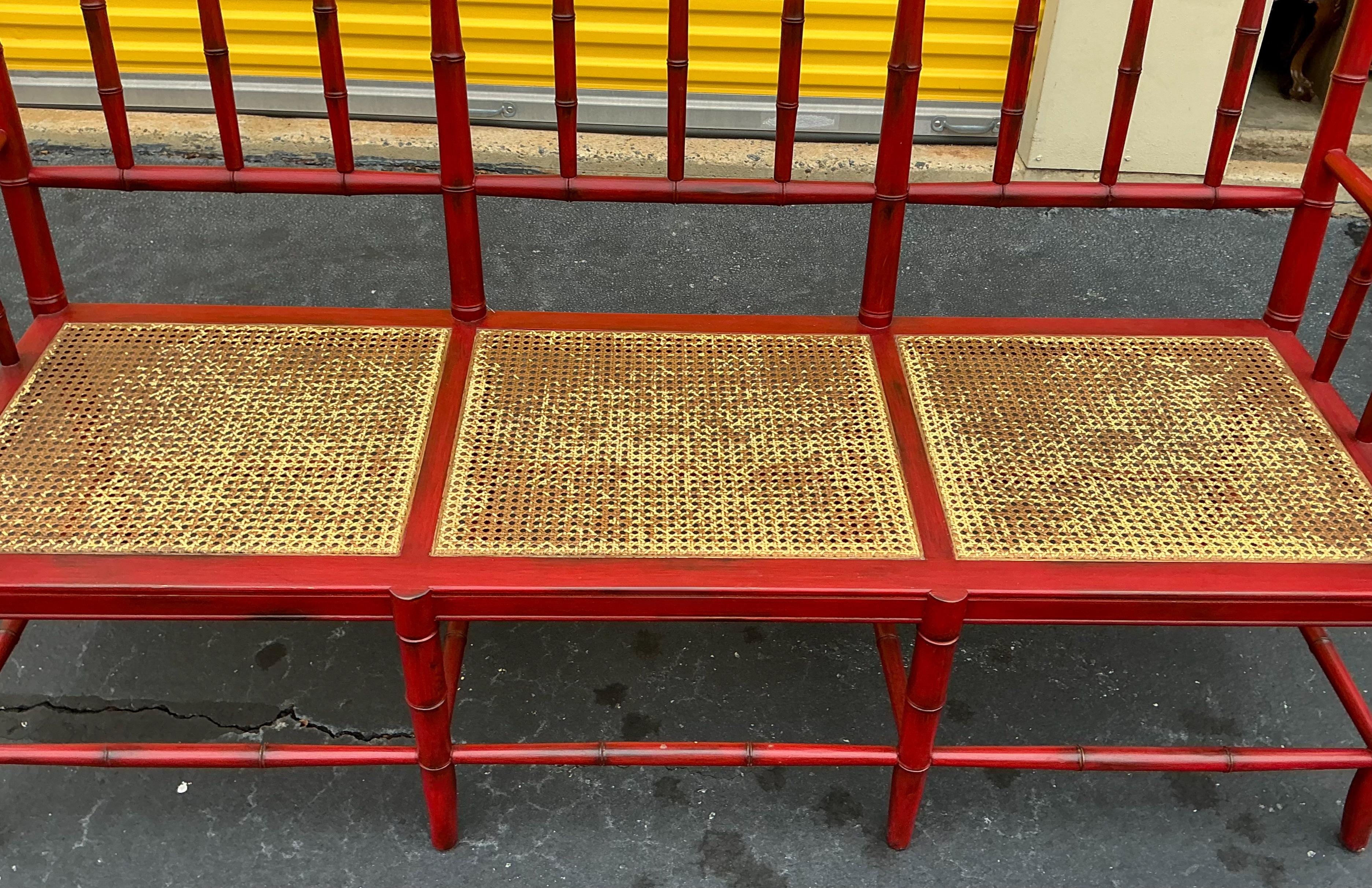 20th Century Mid-Century Chinese Red Chippendale Style Faux Bamboo & Cane Settee / Bench