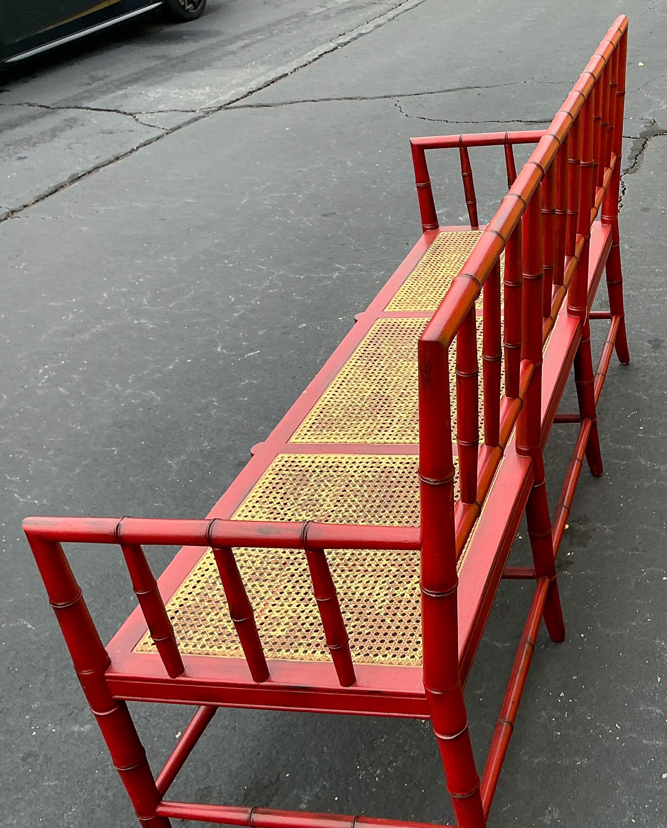 Mid-Century Chinese Red Chippendale Style Faux Bamboo & Cane Settee / Bench 1