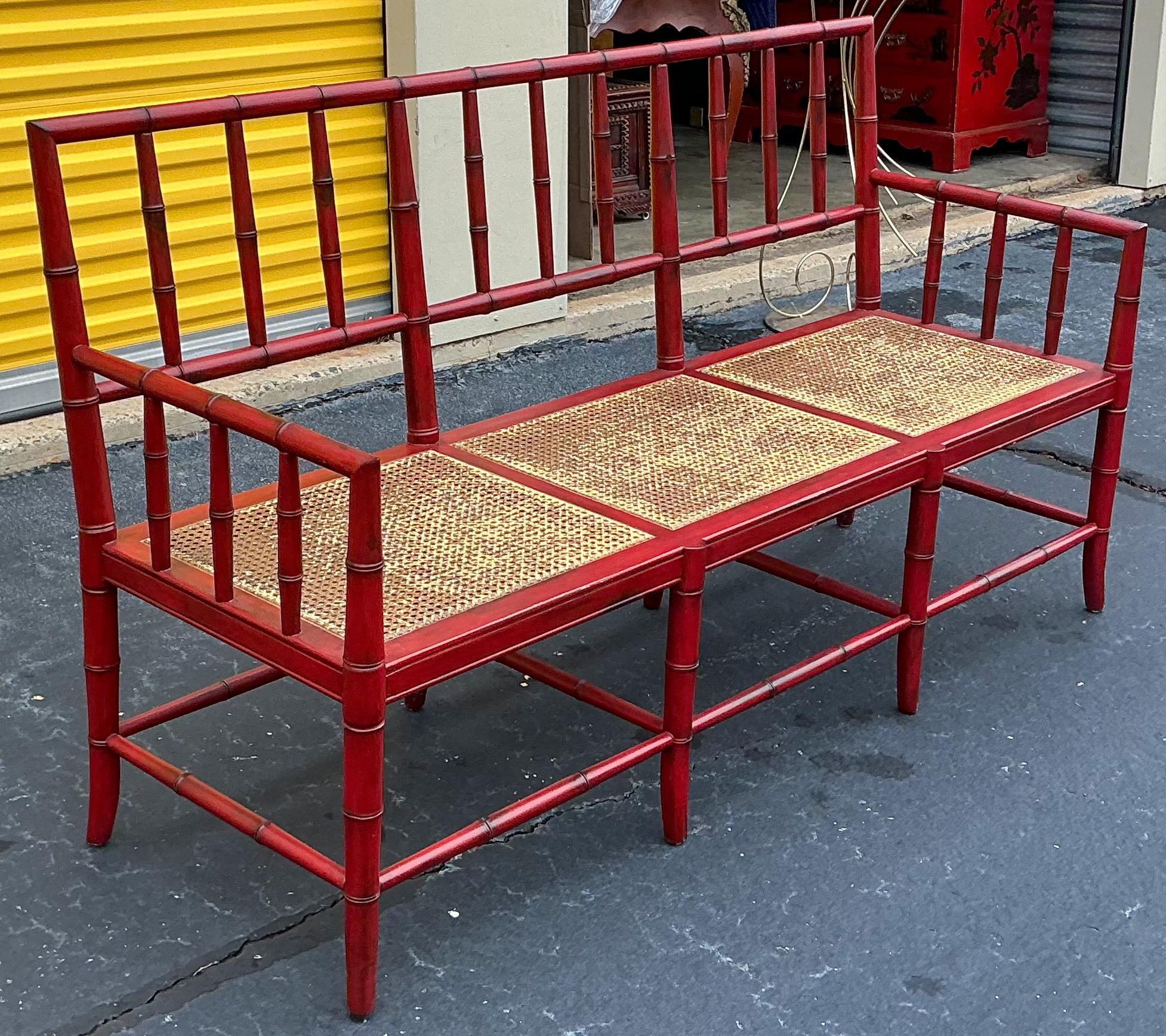 Mid-Century Chinese Red Chippendale Style Faux Bamboo & Cane Settee / Bench 2