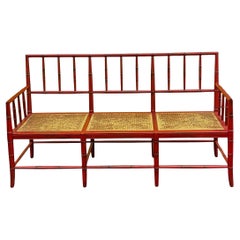 Mid-Century Chinese Red Chippendale Style Faux Bamboo & Cane Settee / Bench