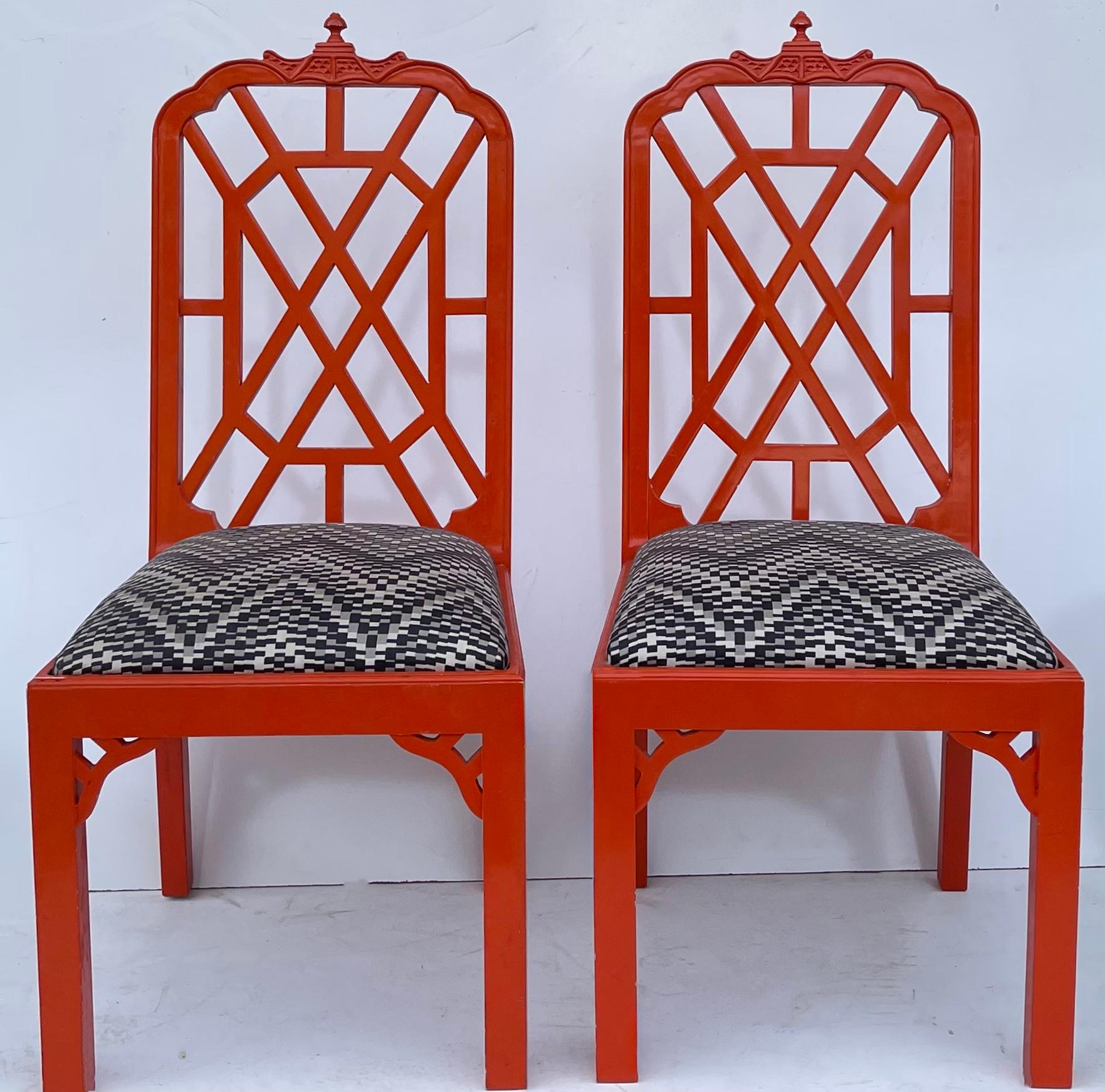 This is a set of four Chinese red Chippendale style pagoda form side chairs. They are unmarked and most likely are American. The frames are in good shape but the upholstery shows wear and should be replaced. 

My shipping is four the Continental US