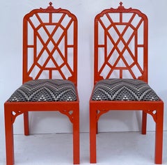 Mid-Century Chinese Red Chippendale Style Pagoda Side / Dining Chairs - S/4