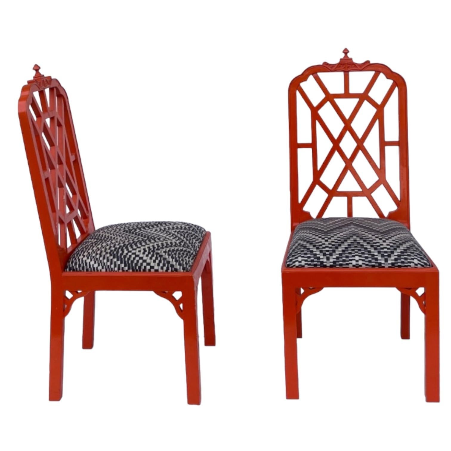 Chinese Chippendale Mid-Century Chinese Red Chippendale Style Pagoda Side / Dining Chairs - S/4 For Sale