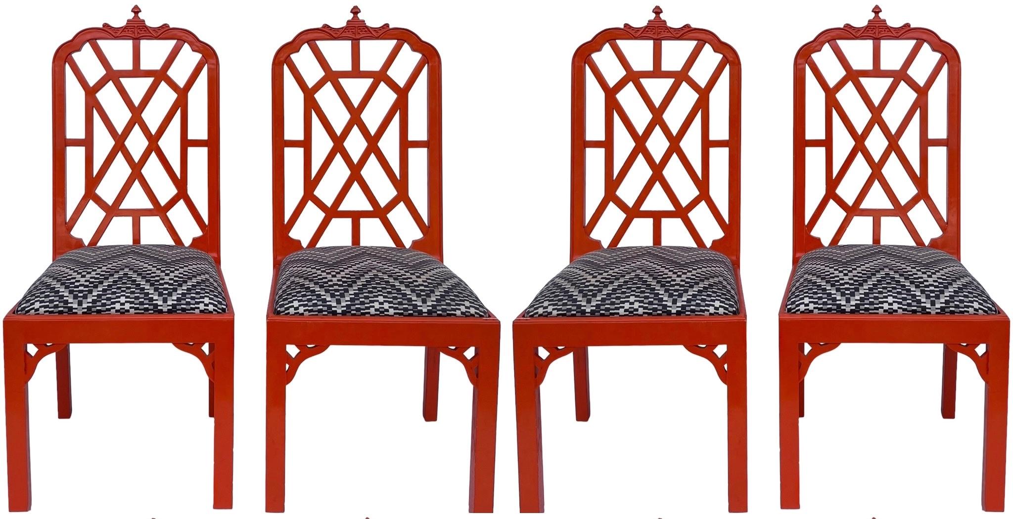 Mid-Century Chinese Red Chippendale Style Pagoda Side / Dining Chairs - S/4 For Sale