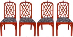 Mid-Century Chinese Red Chippendale Style Pagoda Side / Dining Chairs - S/4