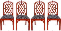 Mid-Century Chinese Red Chippendale Style Pagoda Side / Dining Chairs - S/4