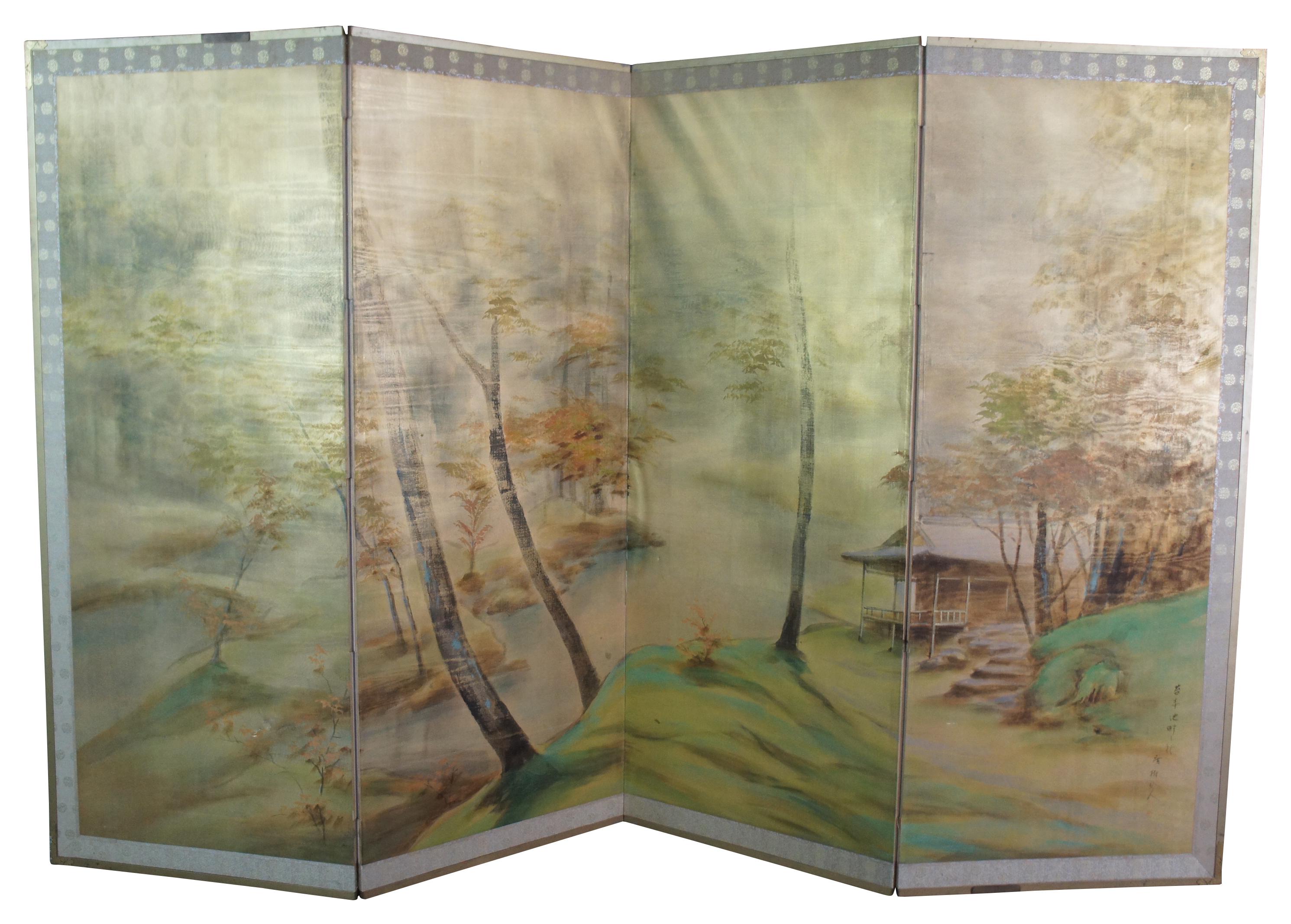 Mid 20th century Chinese four panel wall divider or screen. Painted on silk featuring a murky foiled forest landscape scene with a stilted cabin along a river. Signed lower right.
 