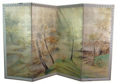 Mid Century Chinese Silk Forest Landscape River Screen Wall Divider Chinoiserie