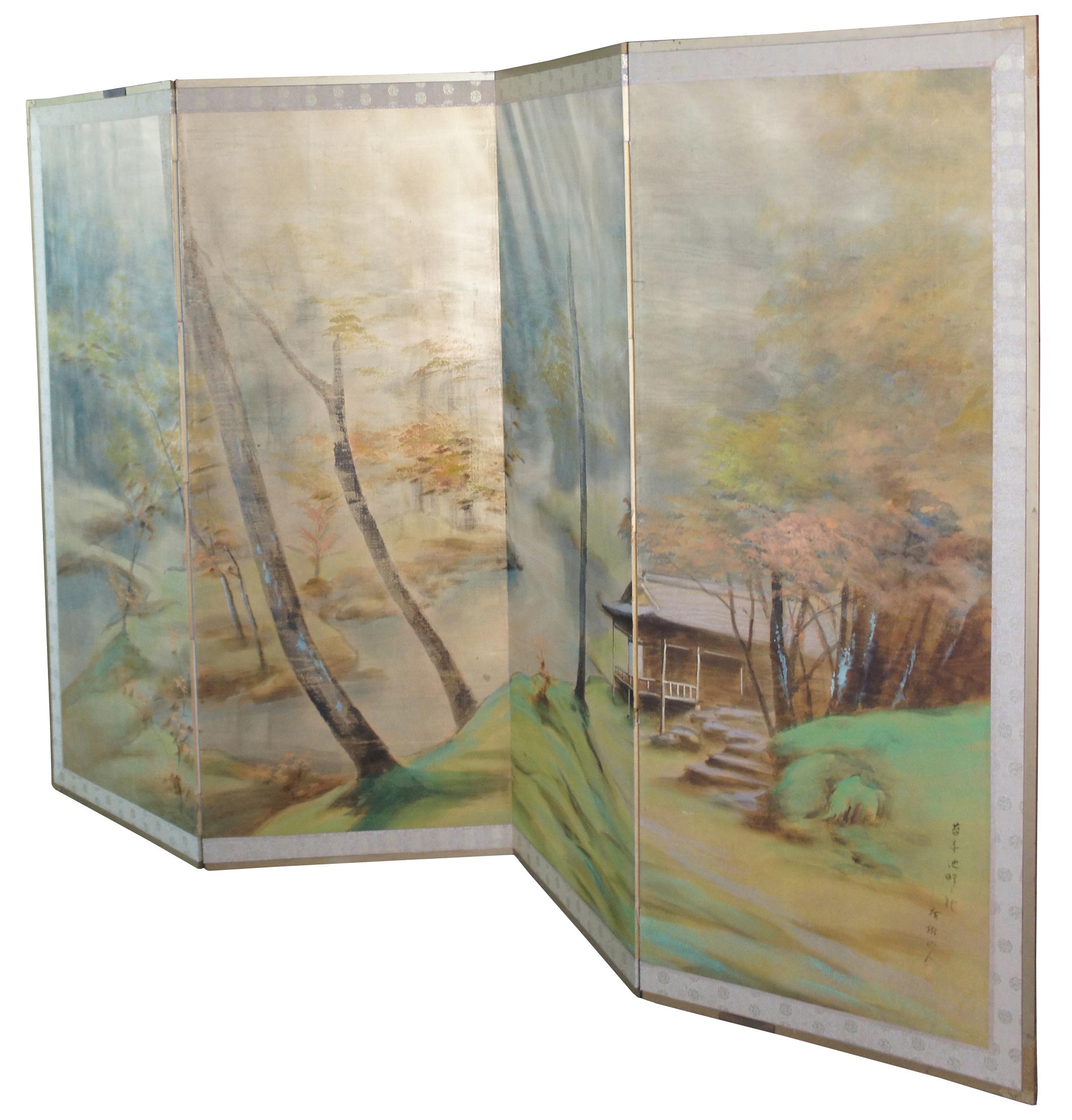 Mid Century Chinese Silk Forest Landscape River Screen Wall Divider Chinoiserie In Good Condition In Dayton, OH