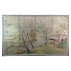 Mid Century Chinese Silk Forest Landscape River Screen Wall Divider Chinoiserie