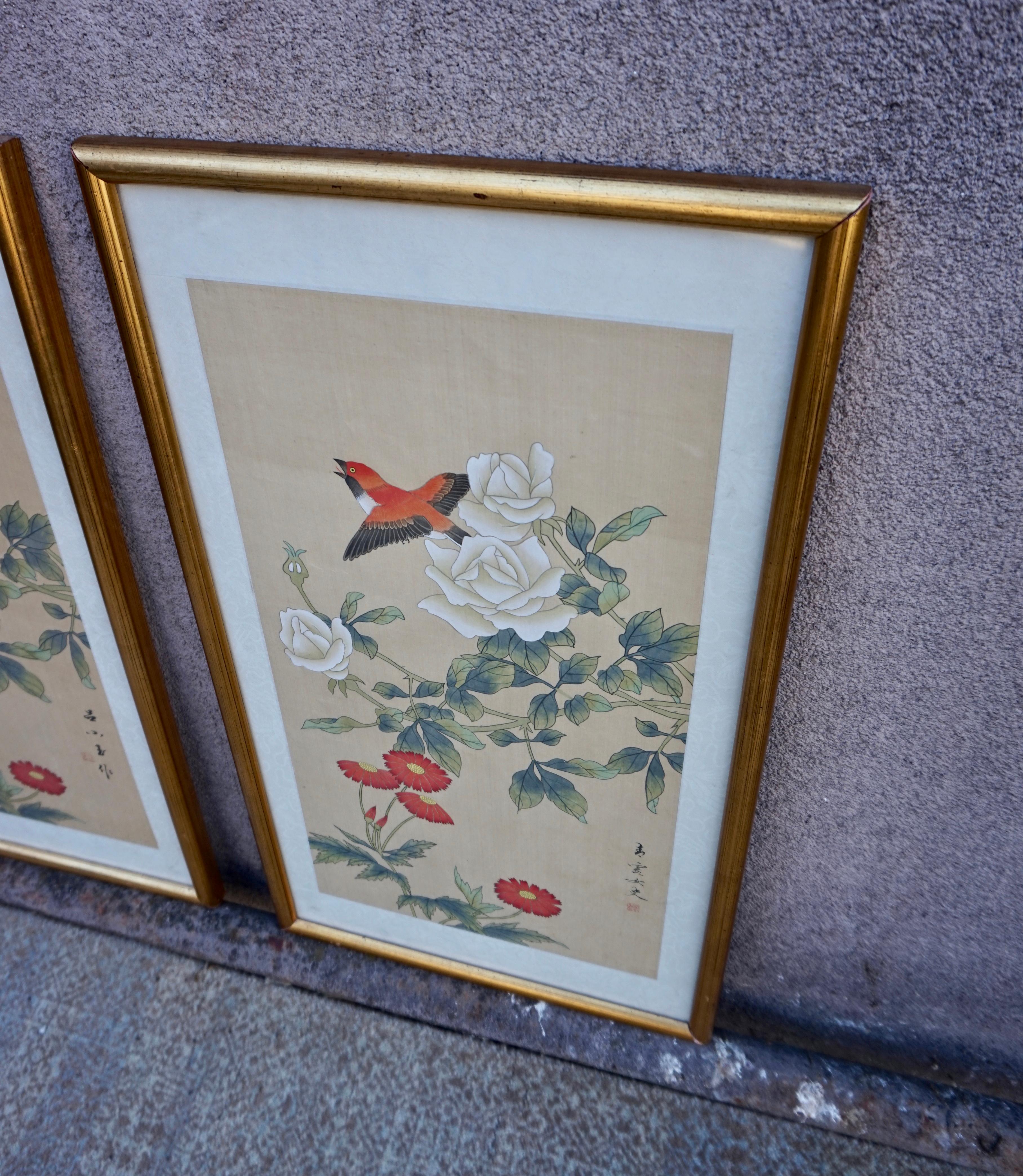 Mid Century Chinese Silk Paintings of Birds by Signed Artists in Gilt Frames For Sale 1