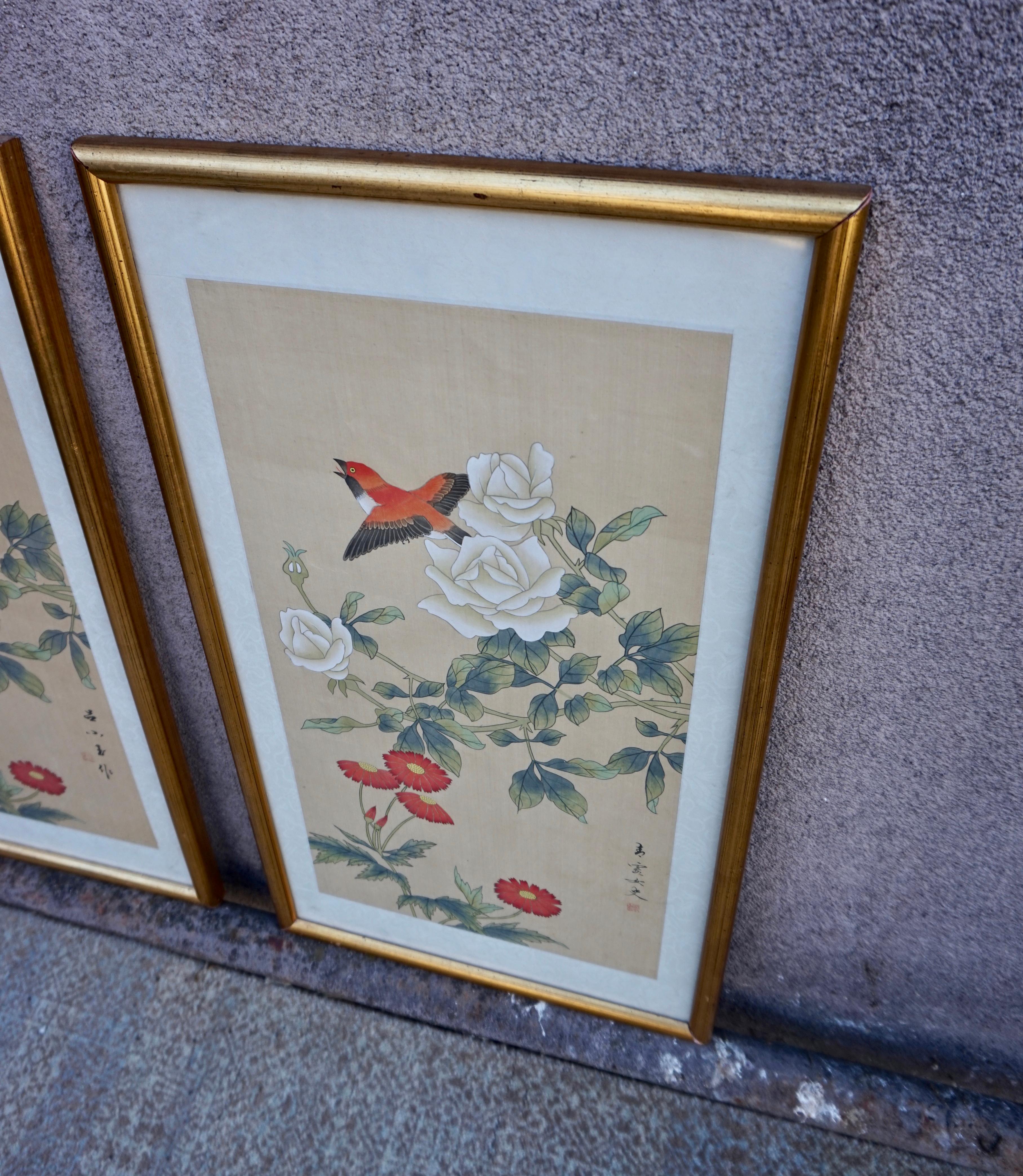 Mid Century Chinese Silk Paintings of Birds by Signed Artists in Gilt Frames 1