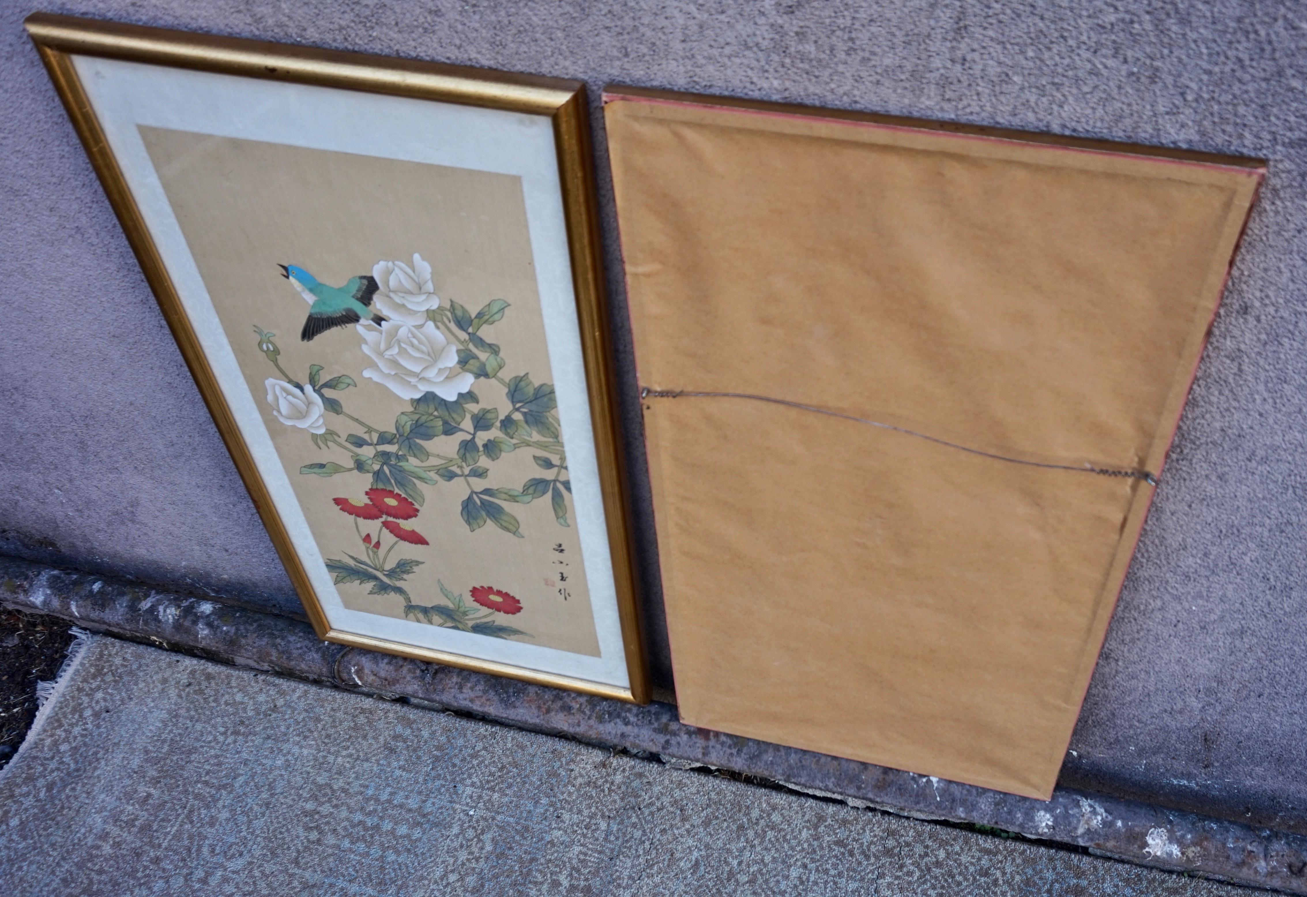 Mid Century Chinese Silk Paintings of Birds by Signed Artists in Gilt Frames For Sale 2