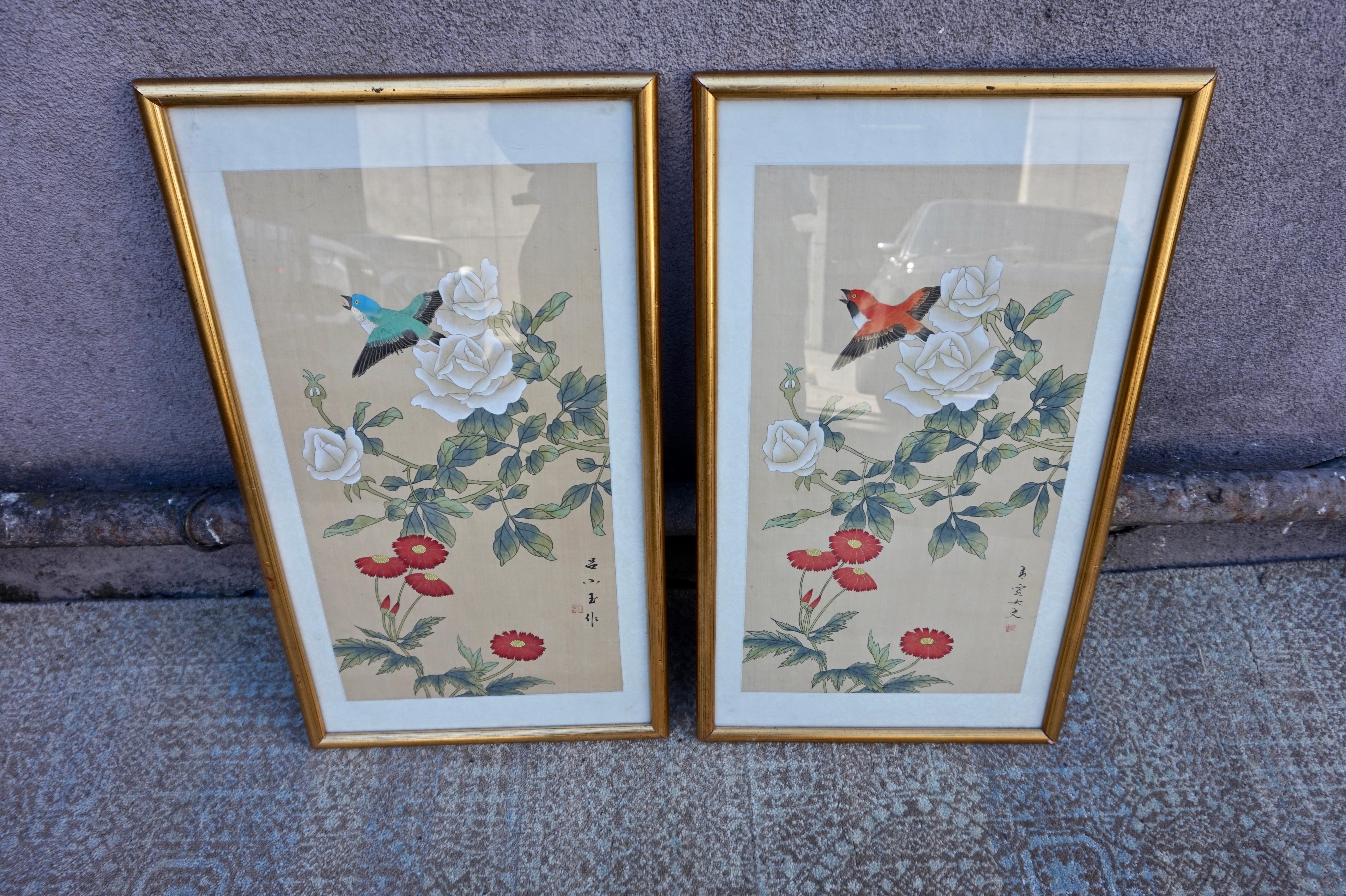 Elegant Chinese Export signed Silk paintings from the mid-century era. Excellent condition in gilt frames. Identical birds in differing hue and signature likely painted by different artists from a traditionalist school. Shows beautifully. Add some