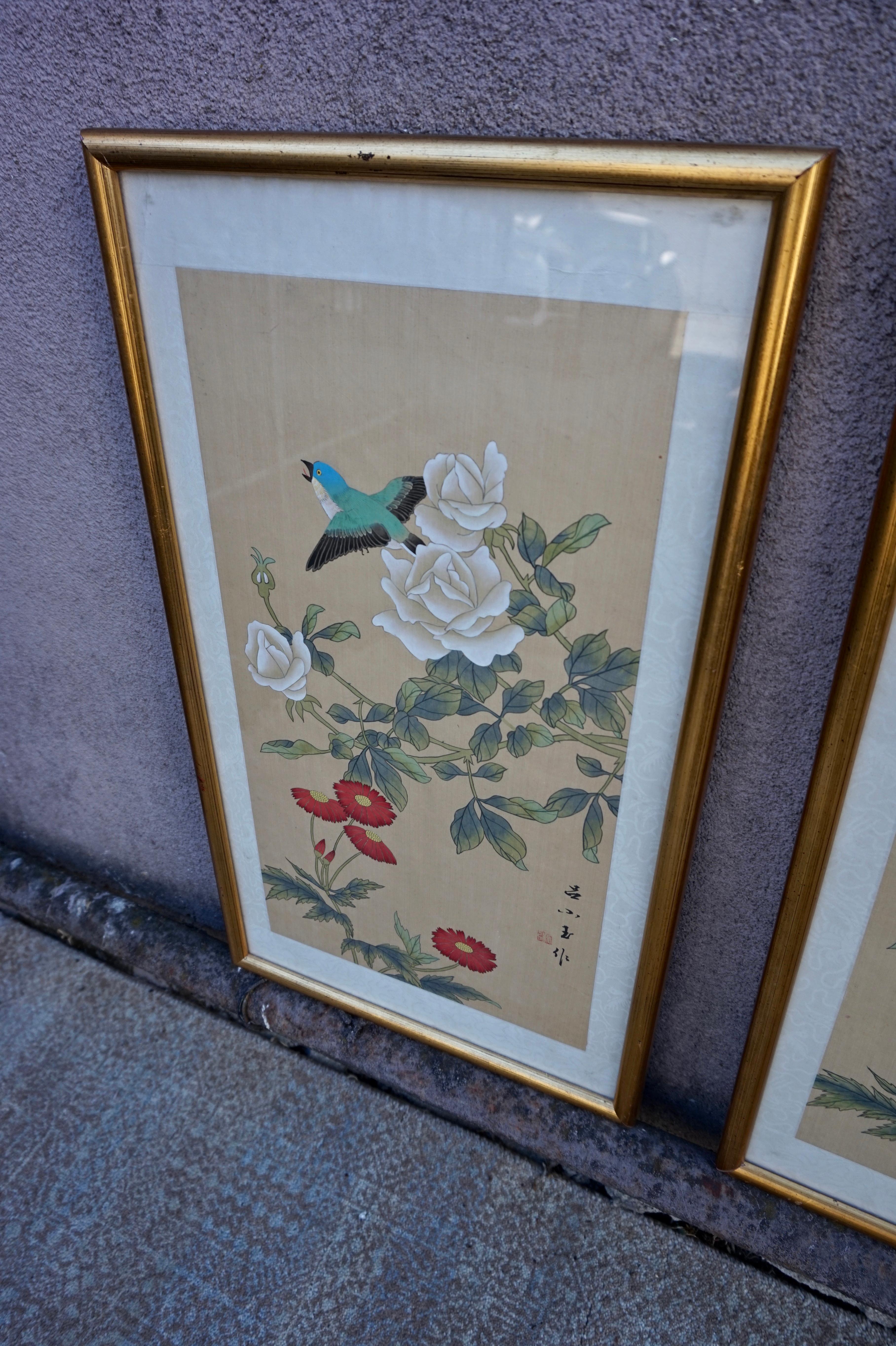 Chinese Export Mid Century Chinese Silk Paintings of Birds by Signed Artists in Gilt Frames For Sale