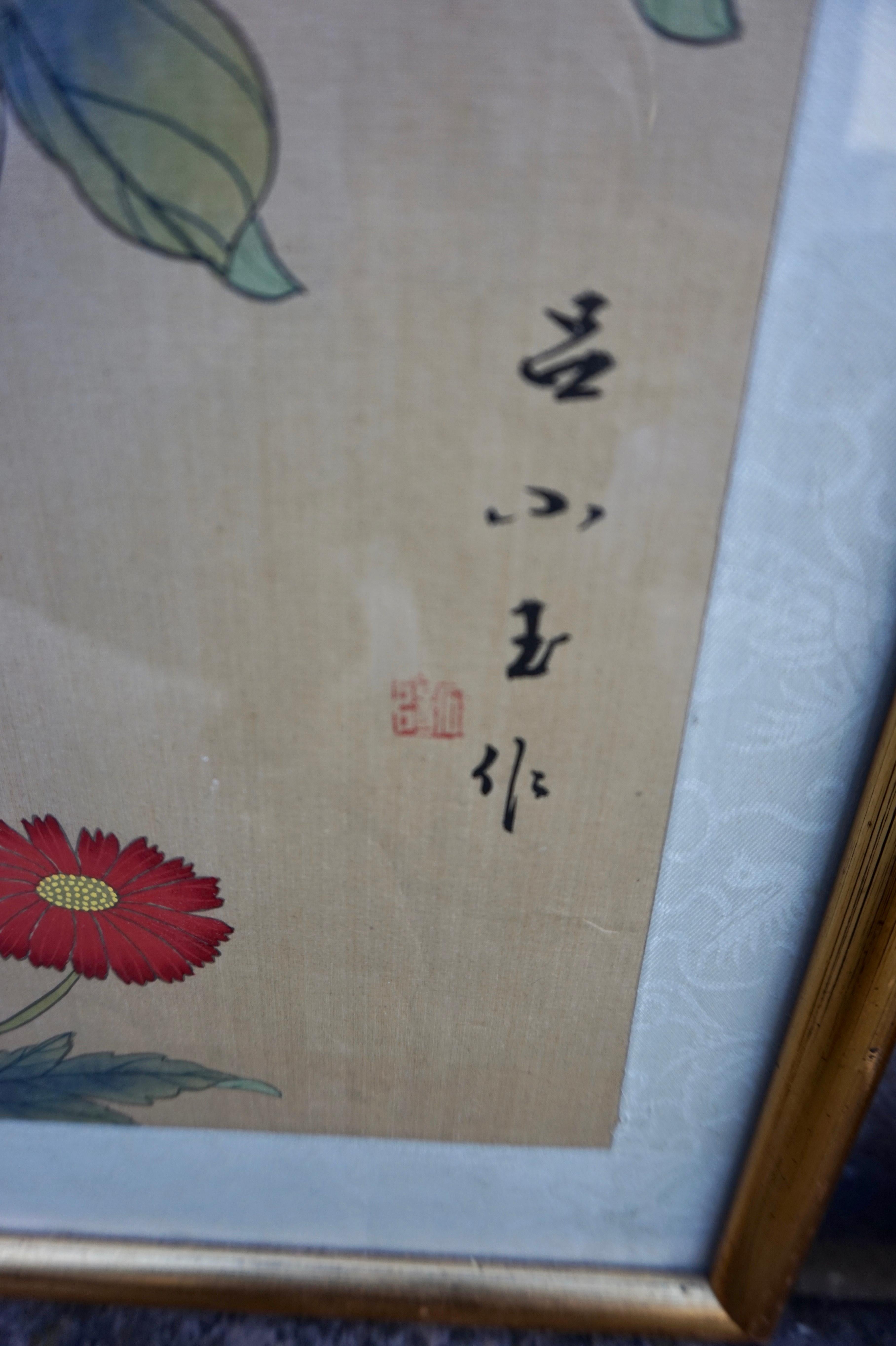 Hand-Painted Mid Century Chinese Silk Paintings of Birds by Signed Artists in Gilt Frames For Sale