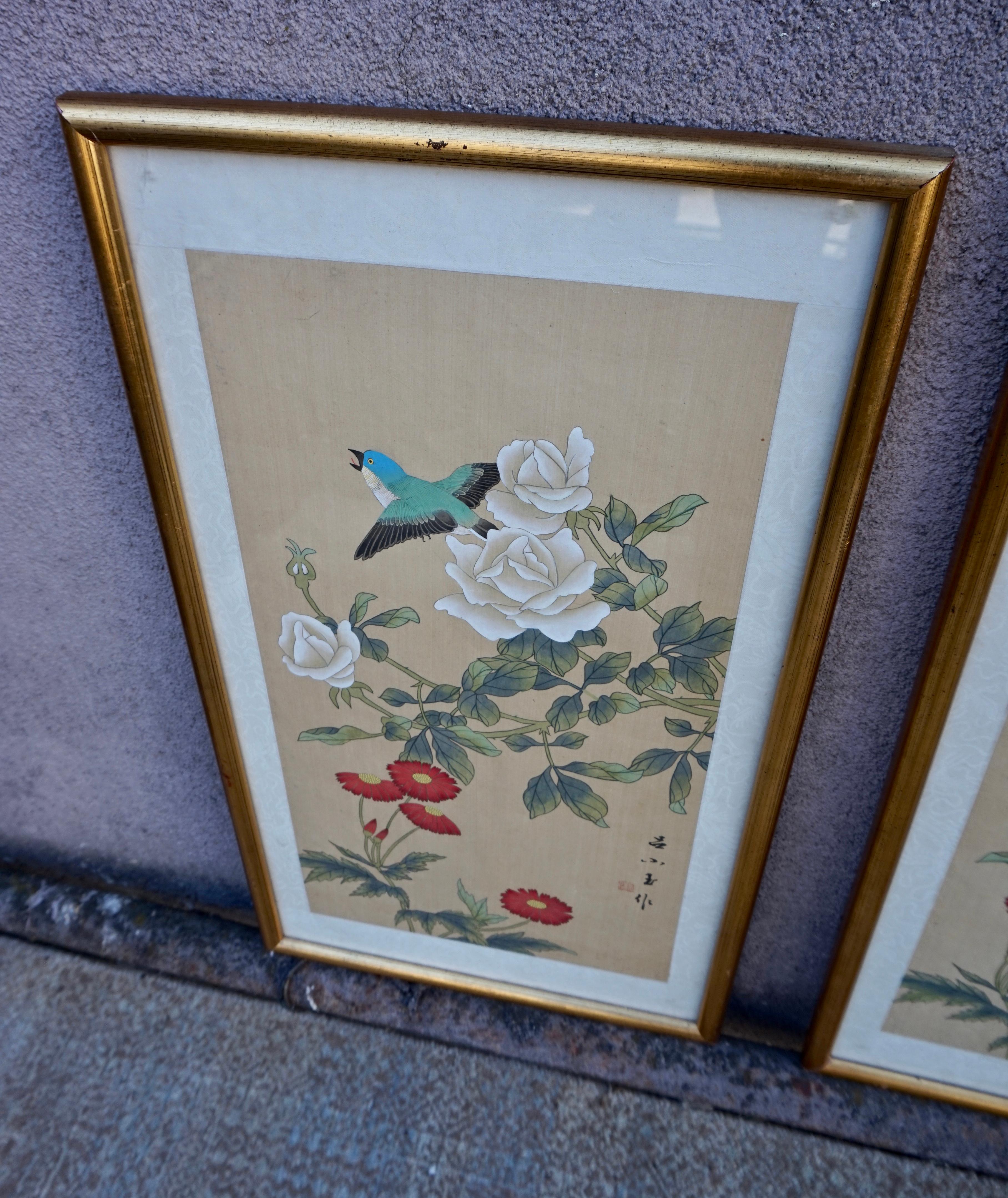 20th Century Mid Century Chinese Silk Paintings of Birds by Signed Artists in Gilt Frames For Sale