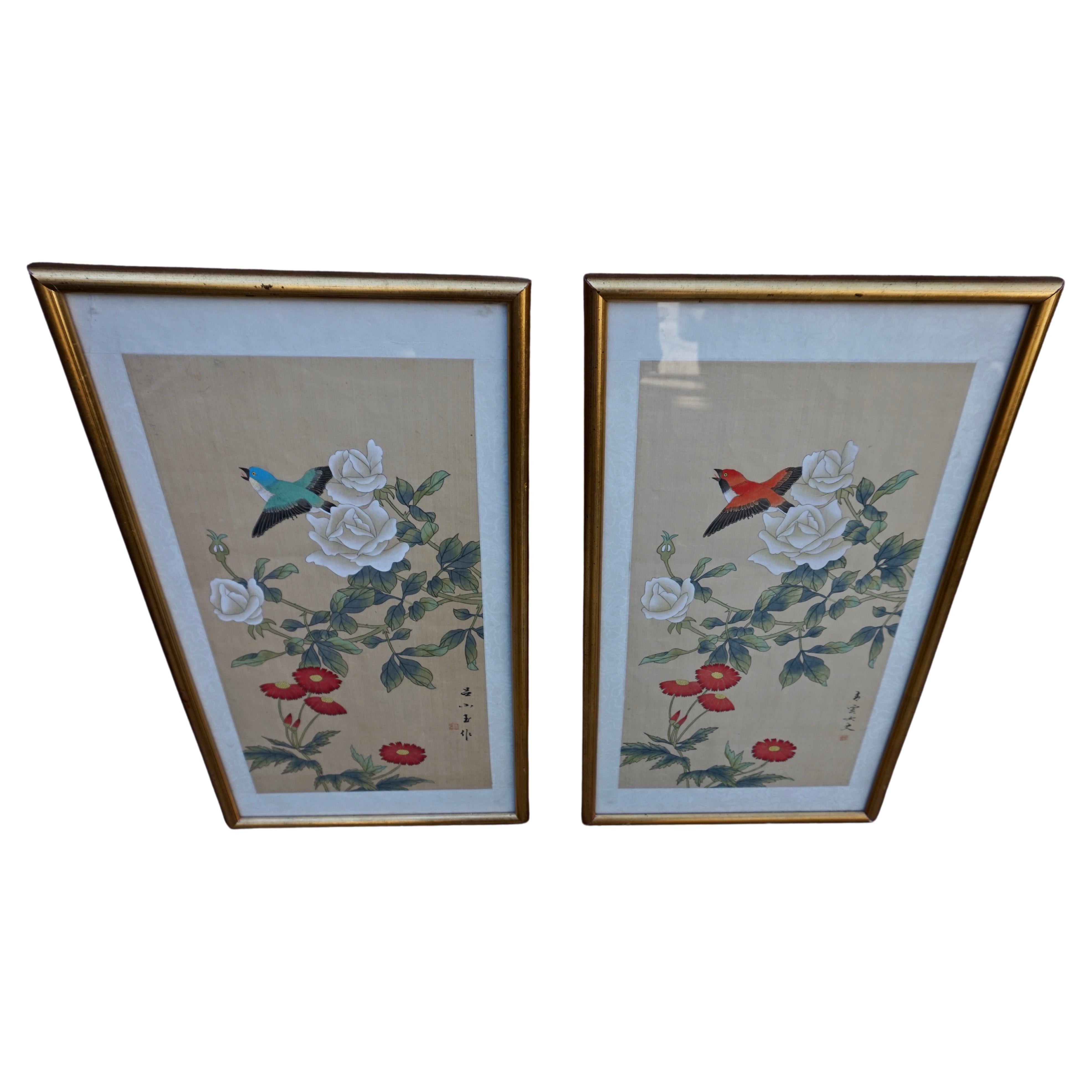 Mid Century Chinese Silk Paintings of Birds by Signed Artists in Gilt Frames For Sale