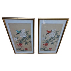 Vintage Mid Century Chinese Silk Paintings of Birds by Signed Artists in Gilt Frames