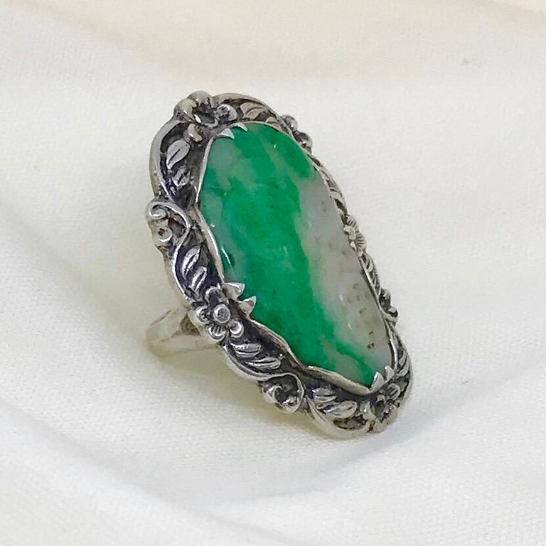 MidCentury Chinese Sterling Silver and Carved Green Jade Ring For Sale