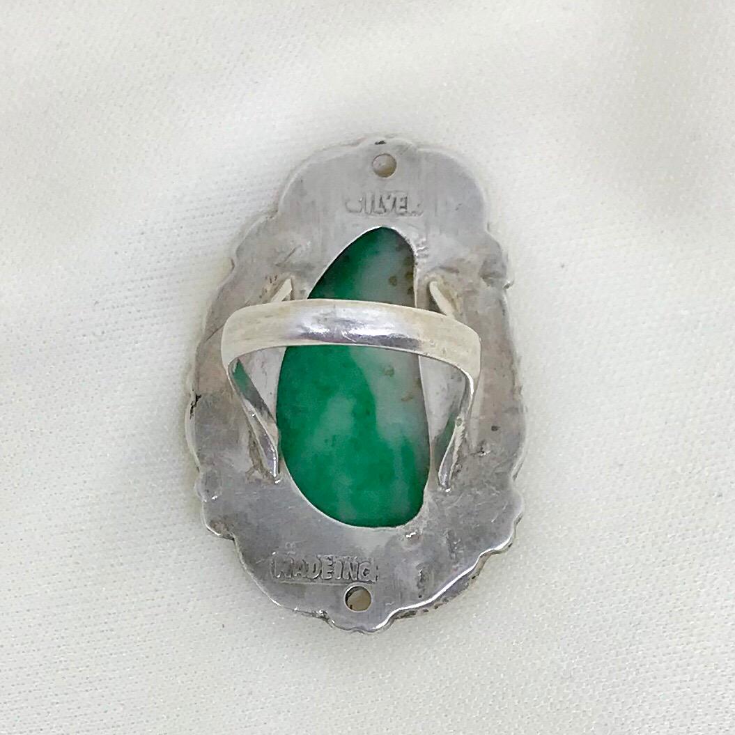 Women's Mid-Century Chinese Sterling Silver and Carved Green Jade Ring For Sale