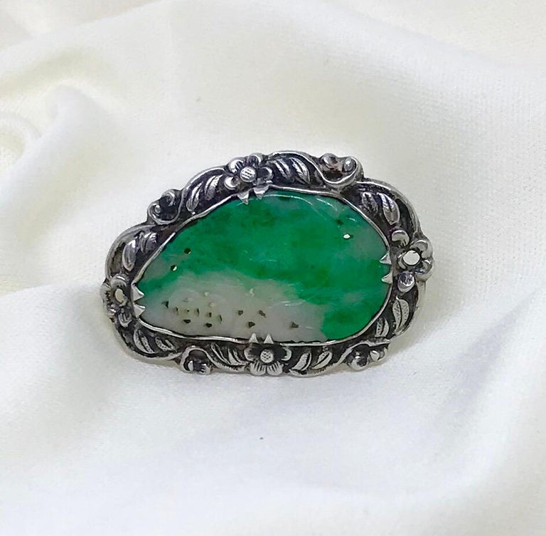 MidCentury Chinese Sterling Silver and Carved Green Jade Ring For Sale