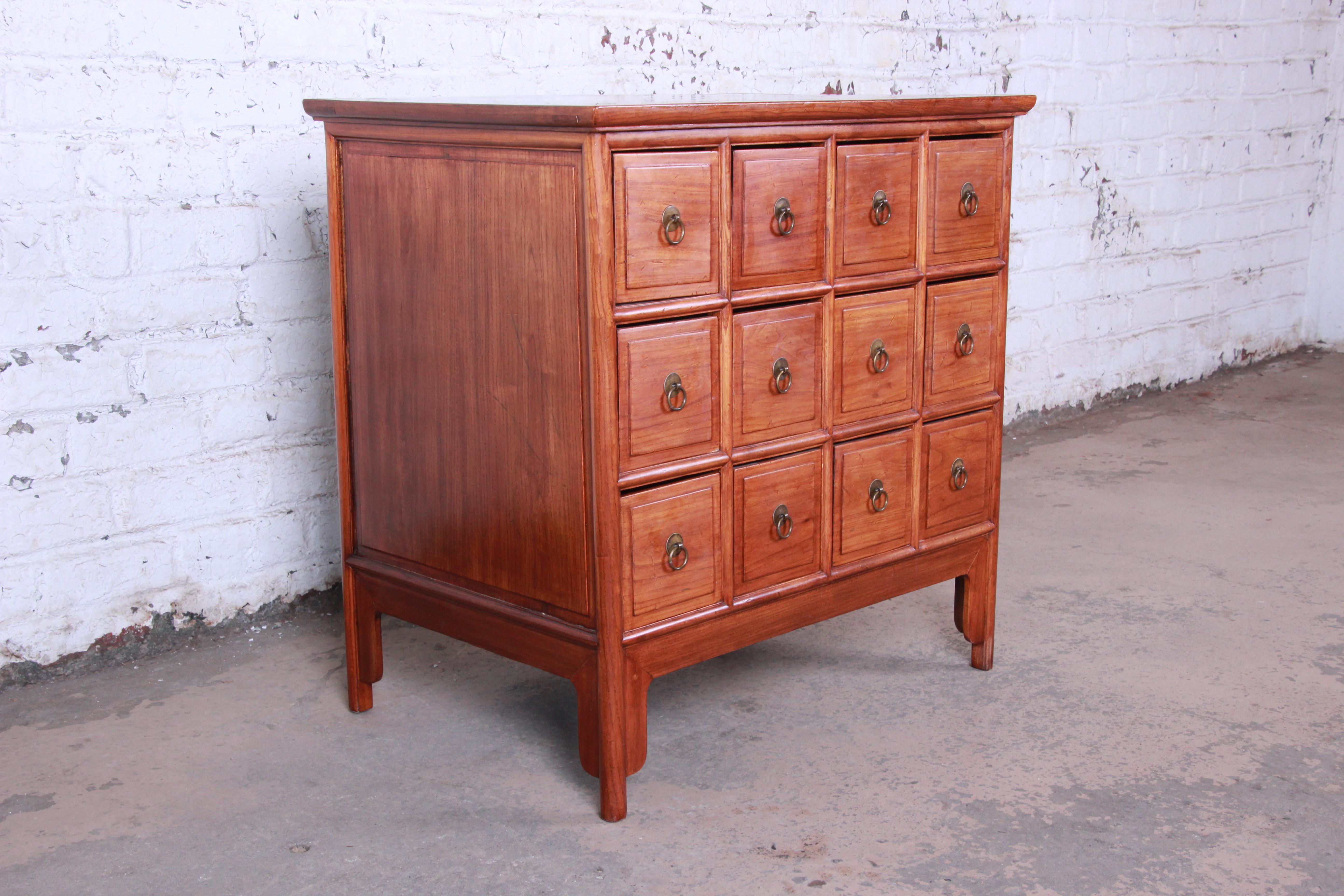 Midcentury Chinese Twelve-Drawer Elm Wood Apothecary Cabinet In Good Condition In South Bend, IN