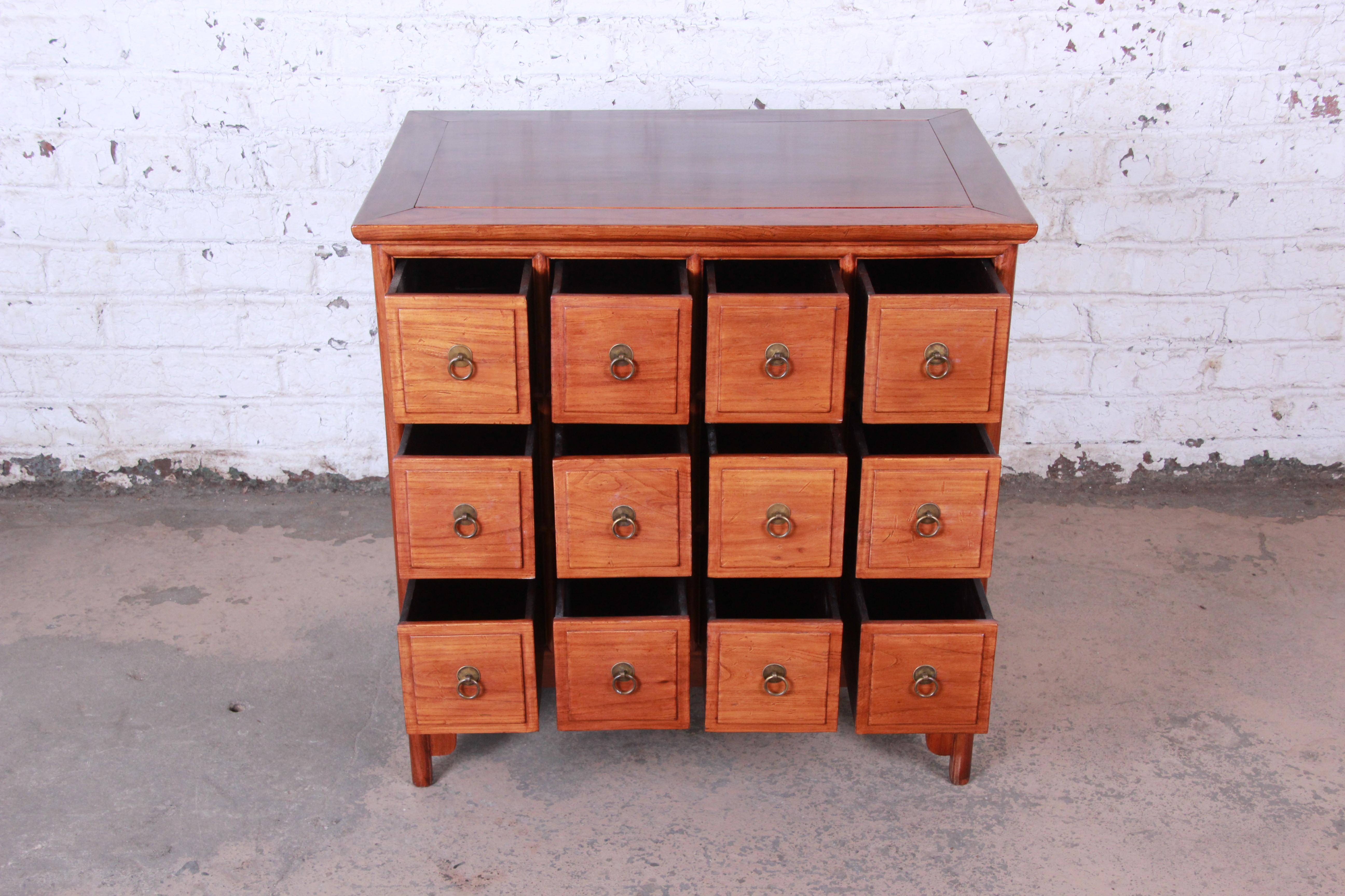 20th Century Midcentury Chinese Twelve-Drawer Elm Wood Apothecary Cabinet