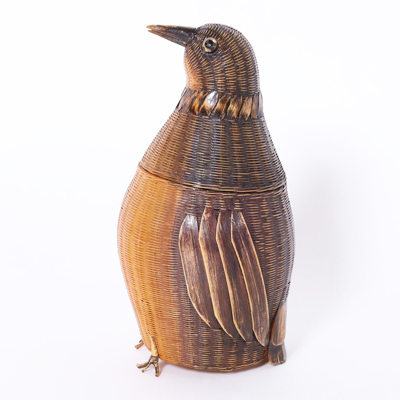 Whimsical vintage Chinese bird box ambitiously hand crafted in wicker and reed with removable lid. From the famed Shanghai Collection.