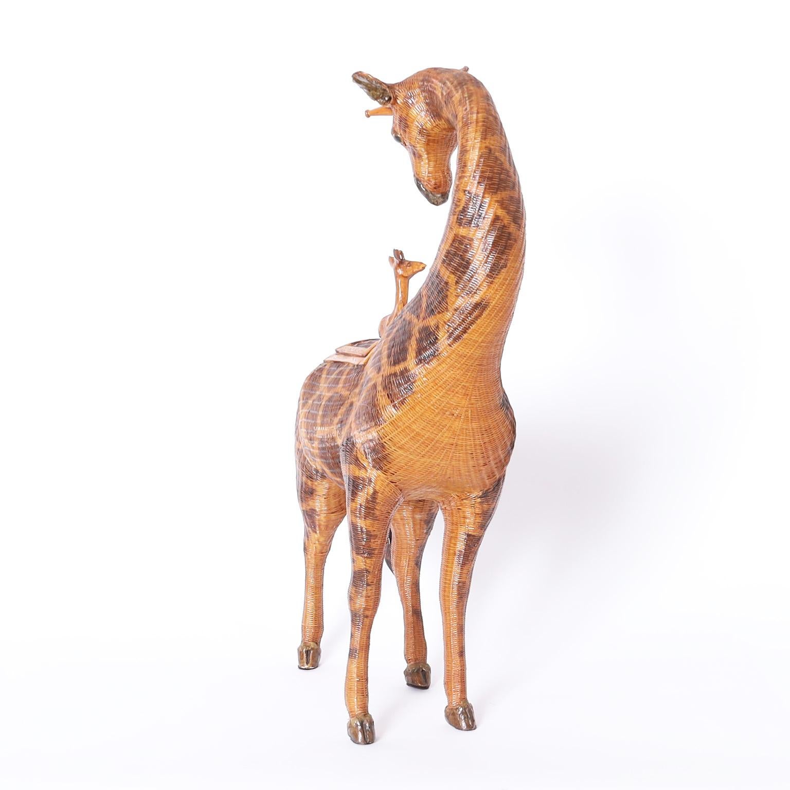Standout vintage Chinese giraffe box ambitiously hand crafted in wicker and wood having a removable lid with a baby giraffe handle. From the famed Shanghai Collection.