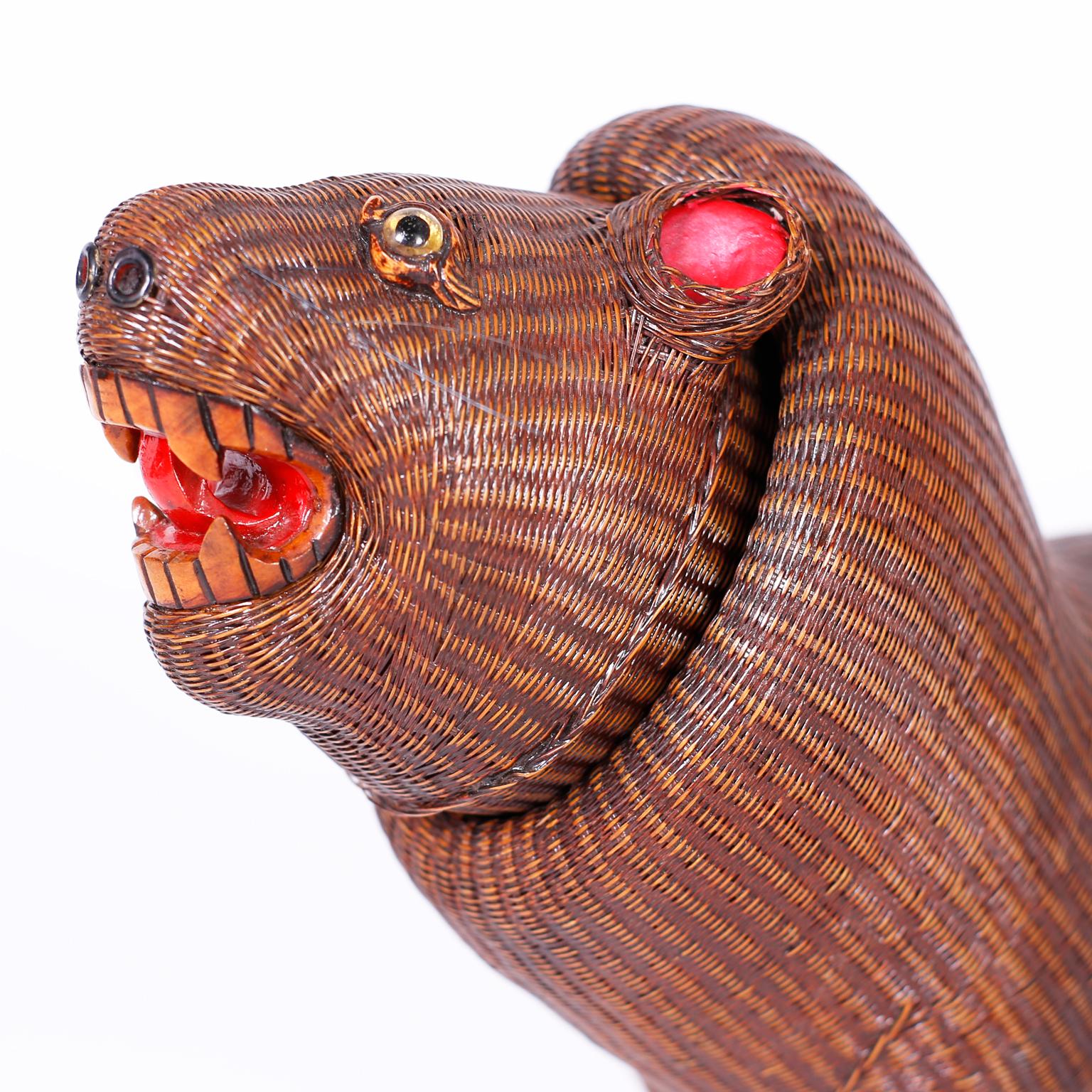 20th Century Midcentury Chinese Wicker Lion Box