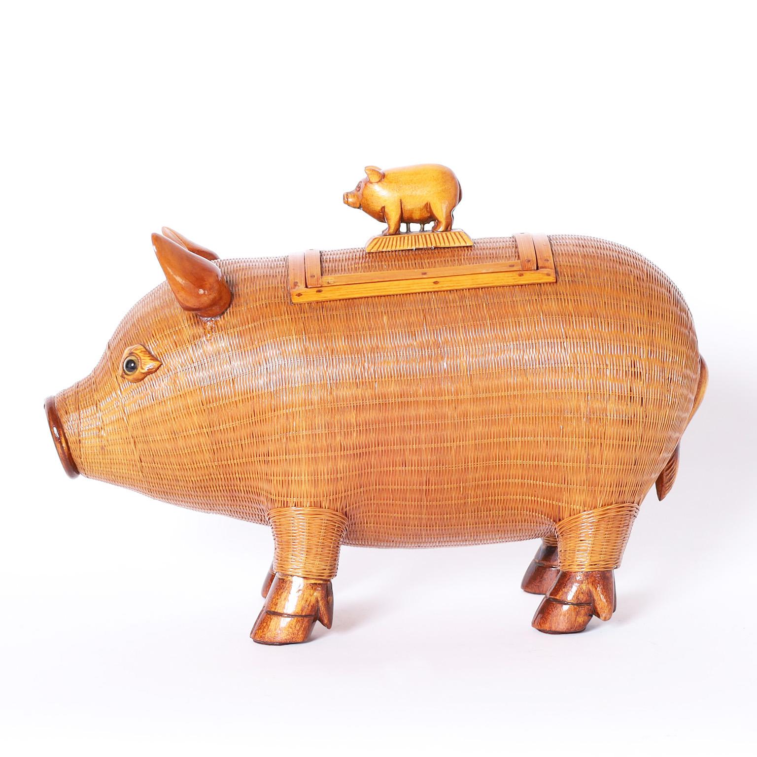 Whimsical vintage Chinese pig box ambitiously hand crafted in wicker and wood having a removable lid with a piglet handle. From the famed Shanghai Collection.