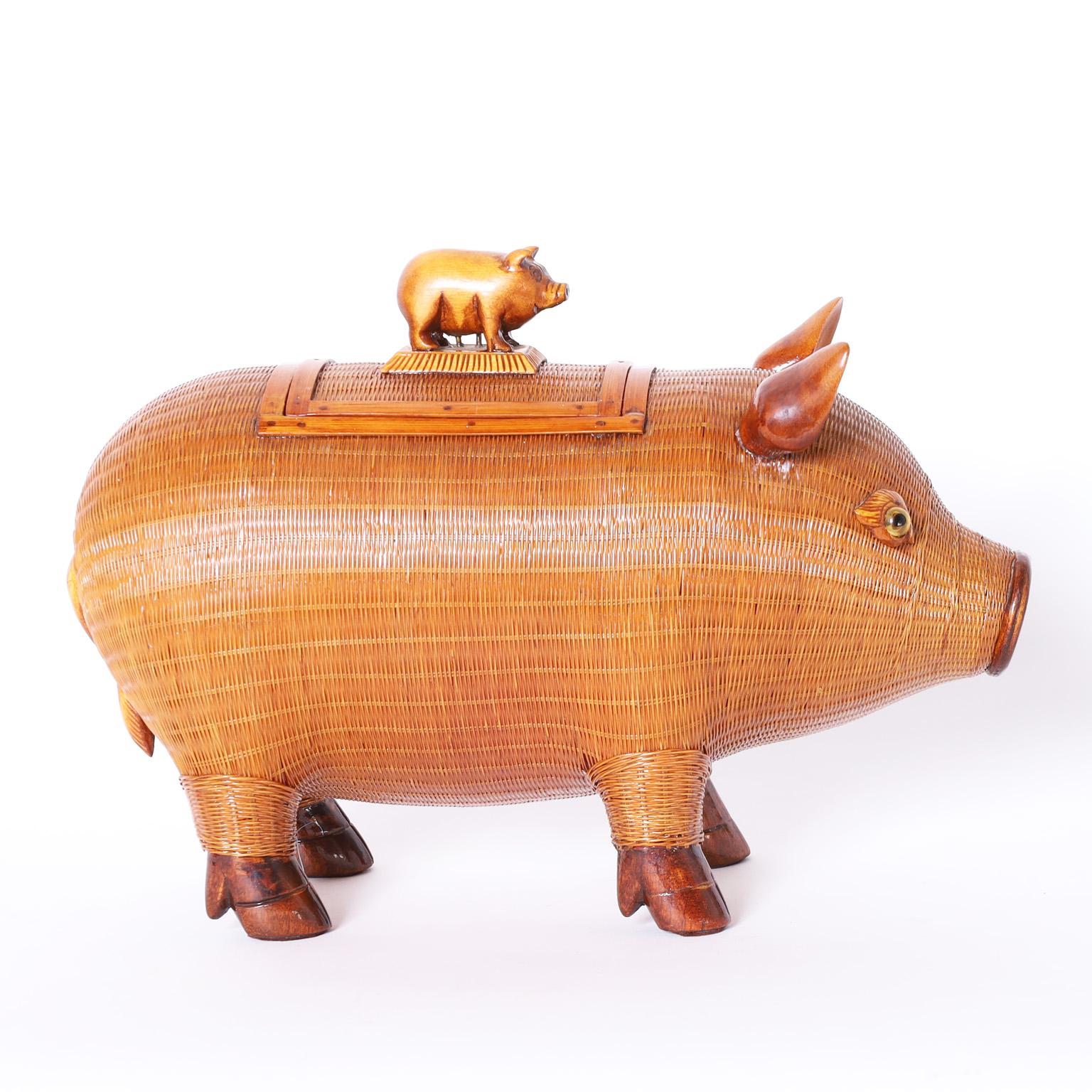 Hand-Crafted Mid-Century Chinese Wicker Pig Box