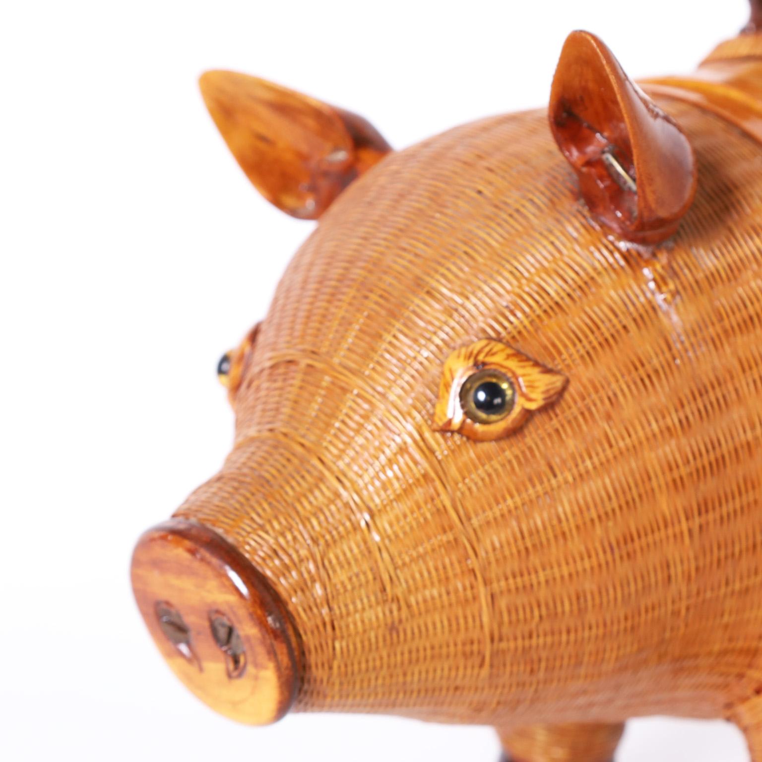 Mid-Century Chinese Wicker Pig Box In Good Condition In Palm Beach, FL