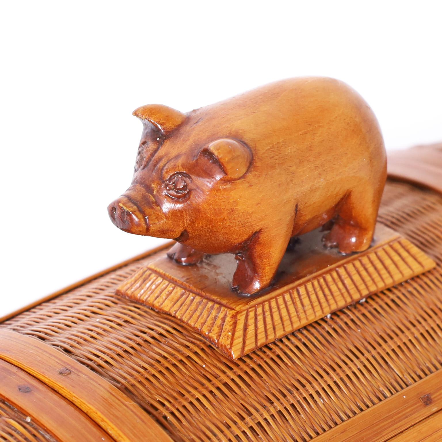 20th Century Mid-Century Chinese Wicker Pig Box