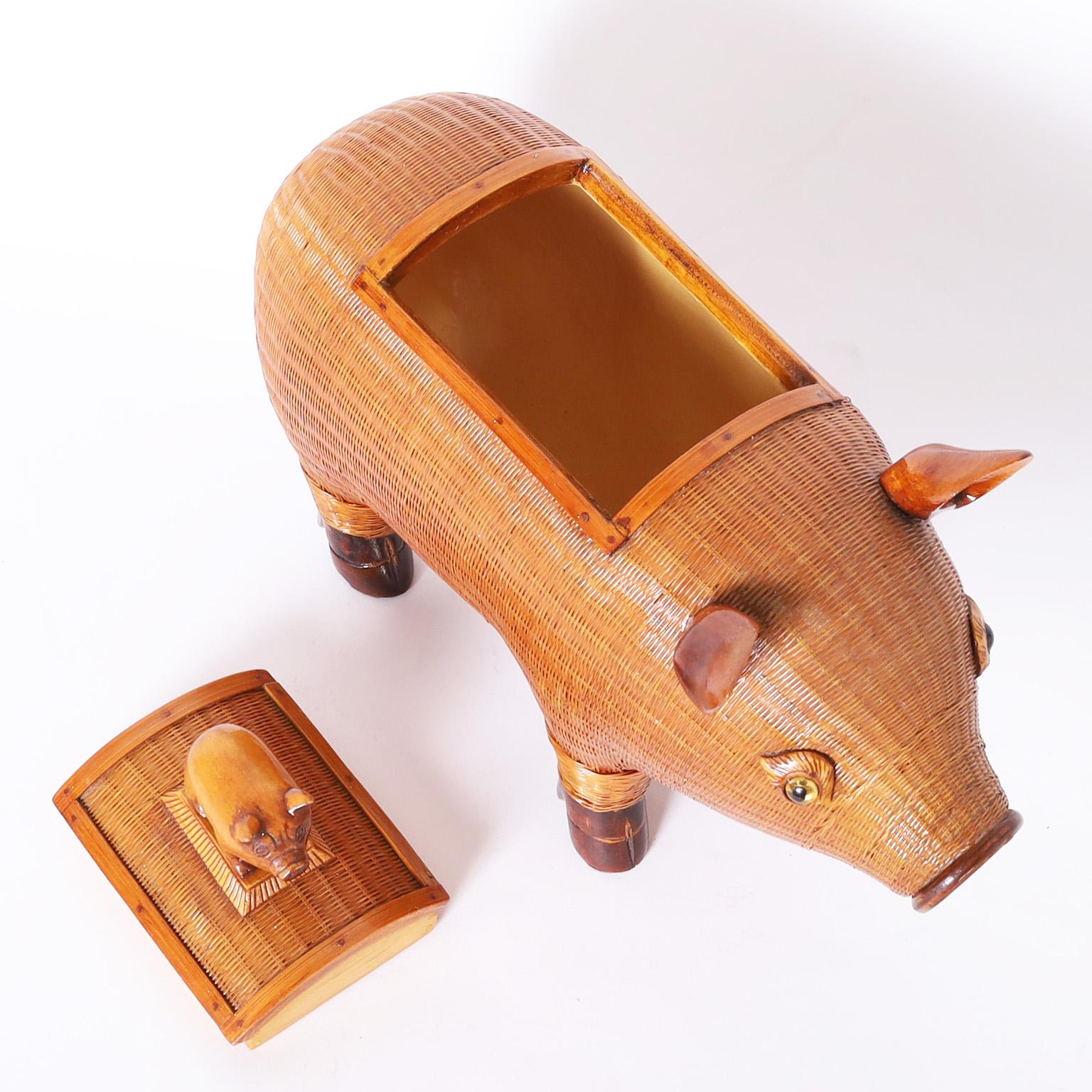 Mid-Century Chinese Wicker Pig Box 1