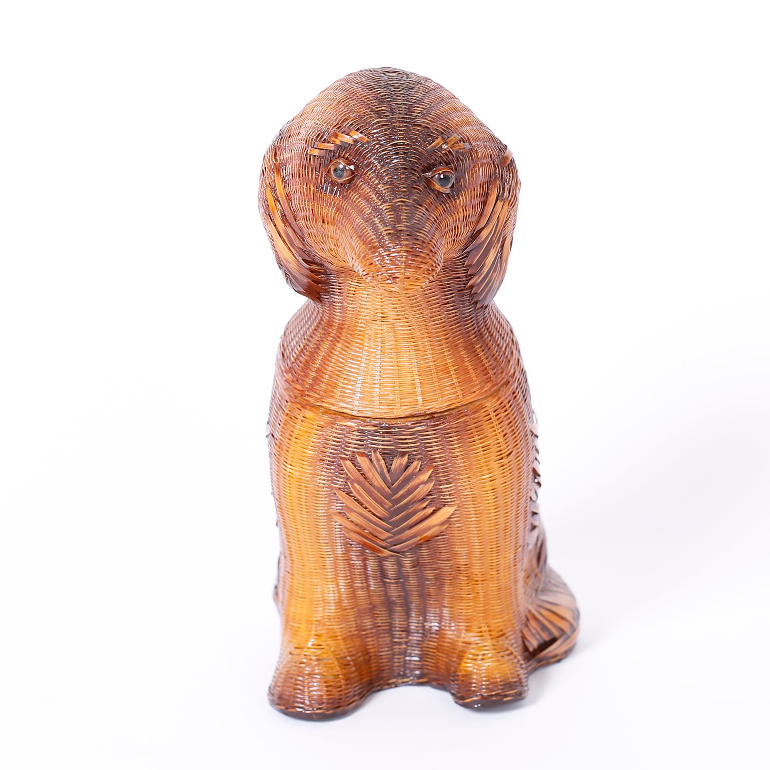 Vintage Chinese puppy box or basket from the famed Shanghai collection with a removable head crafted with wicker and reed.