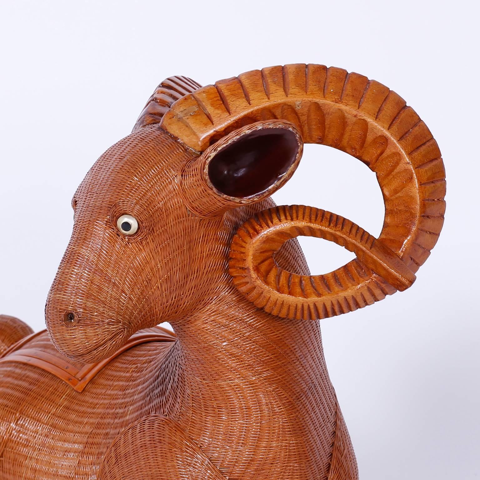 Mid-Century Modern Midcentury Chinese Wicker Ram Box