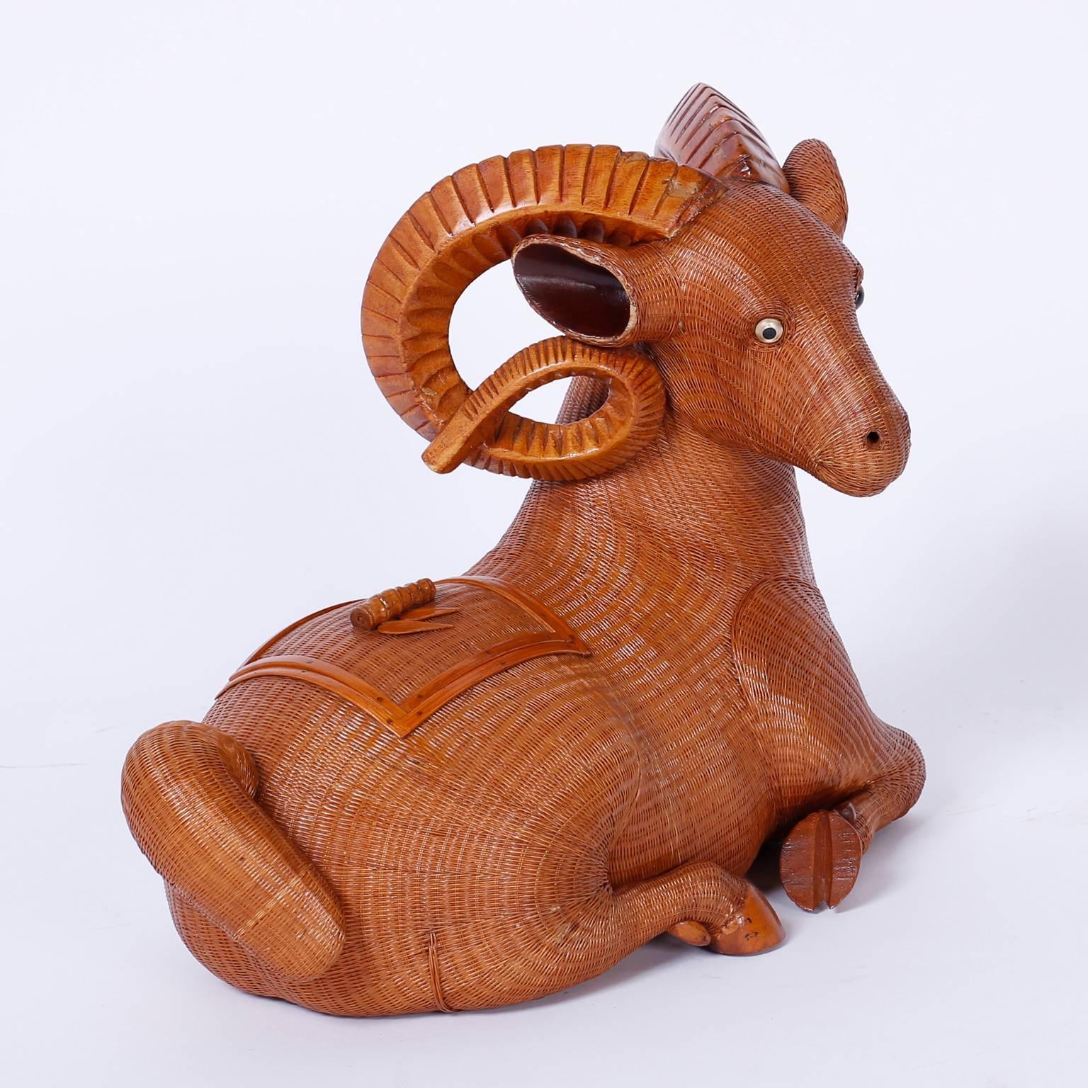 20th Century Midcentury Chinese Wicker Ram Box