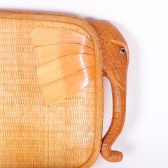 Midcentury Chinese Wicker Tray with Elephants