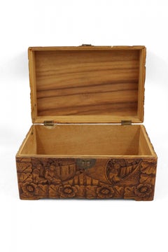 Mitte des Jahrhunderts Chinesisch Holz Scenic Design geschnitzt Scharnier Top Box