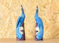 Mid Century Chinise Pair of Turquoise Foo Porcelain Peacocks 50s