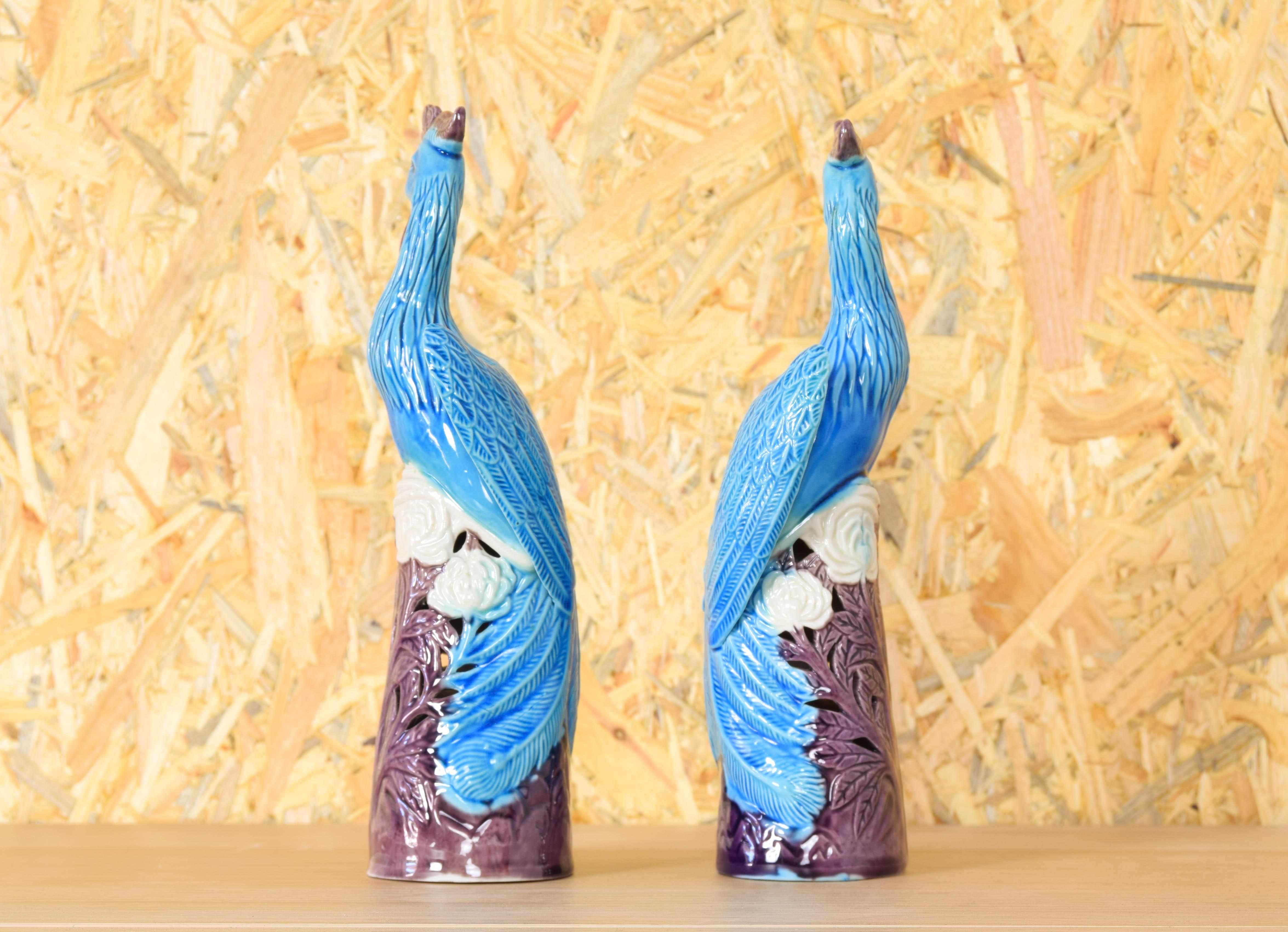 Chinese Mid Century Chinise Pair of Turquoise Foo Porcelain Peacocks 50s For Sale