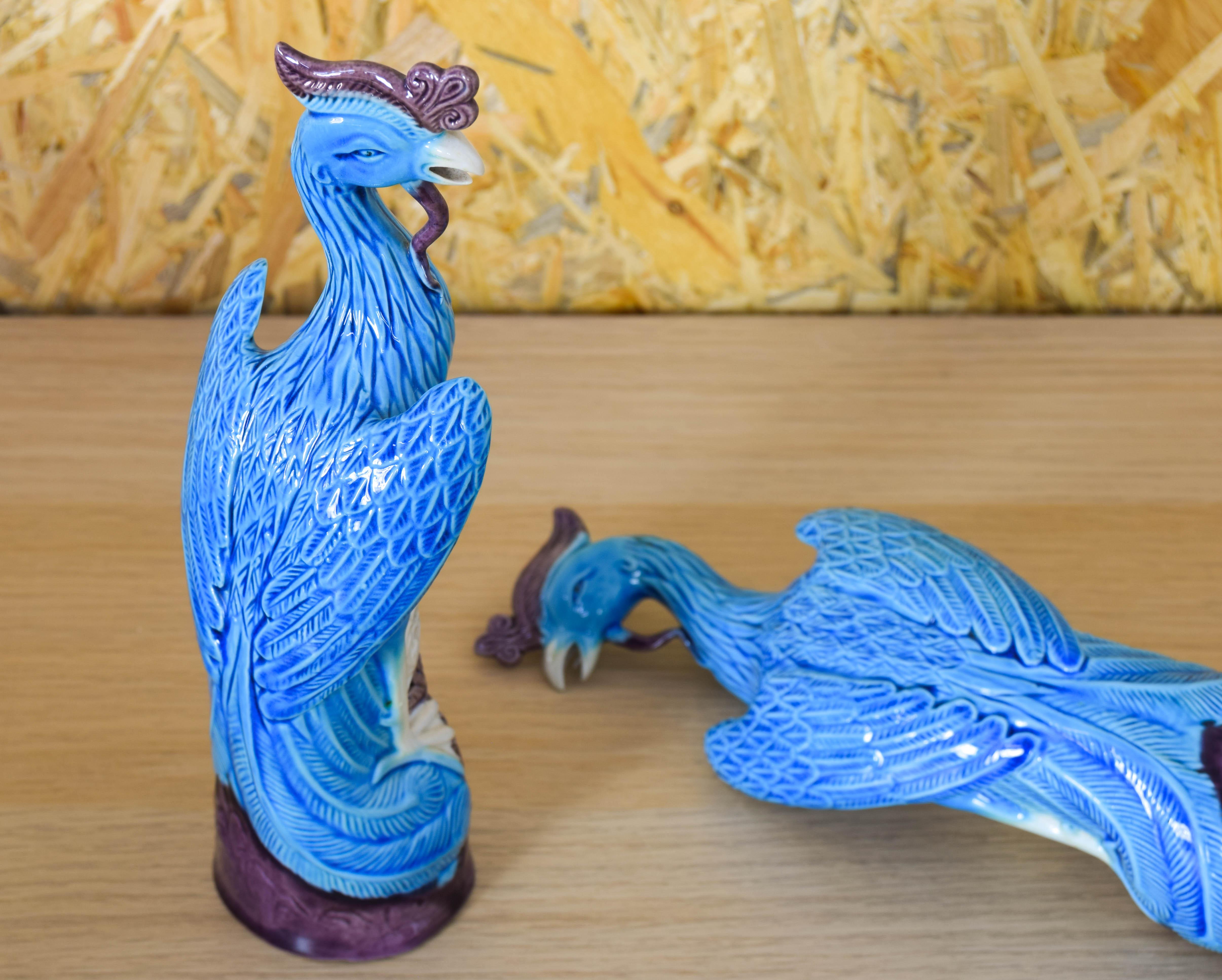 Mid Century Chinise Pair of Turquoise Foo Porcelain Peacocks 50s For Sale 2