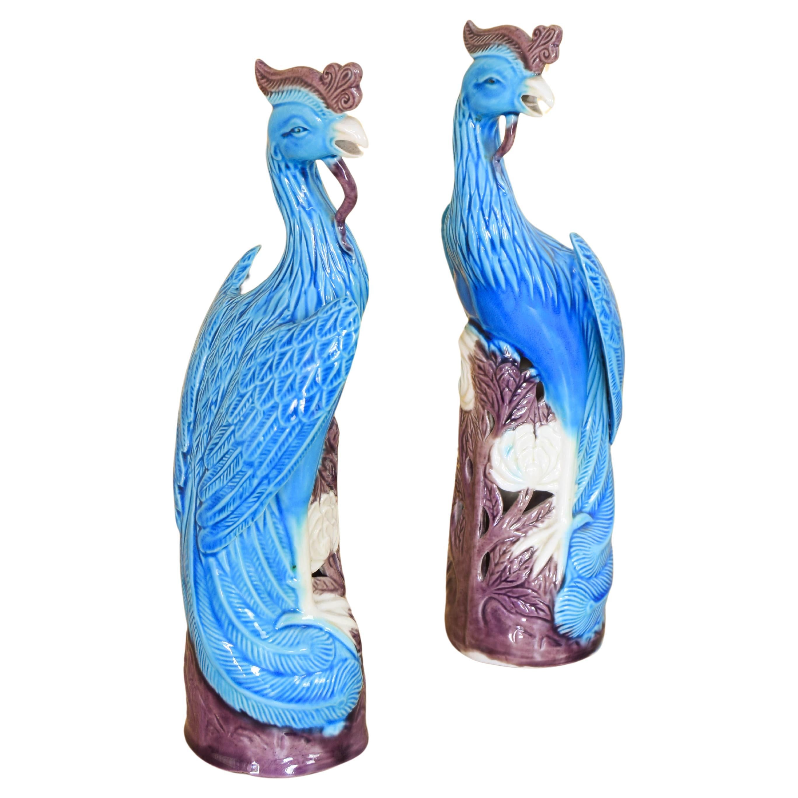 Mid Century Chinise Pair of Turquoise Foo Porcelain Peacocks 50s For Sale