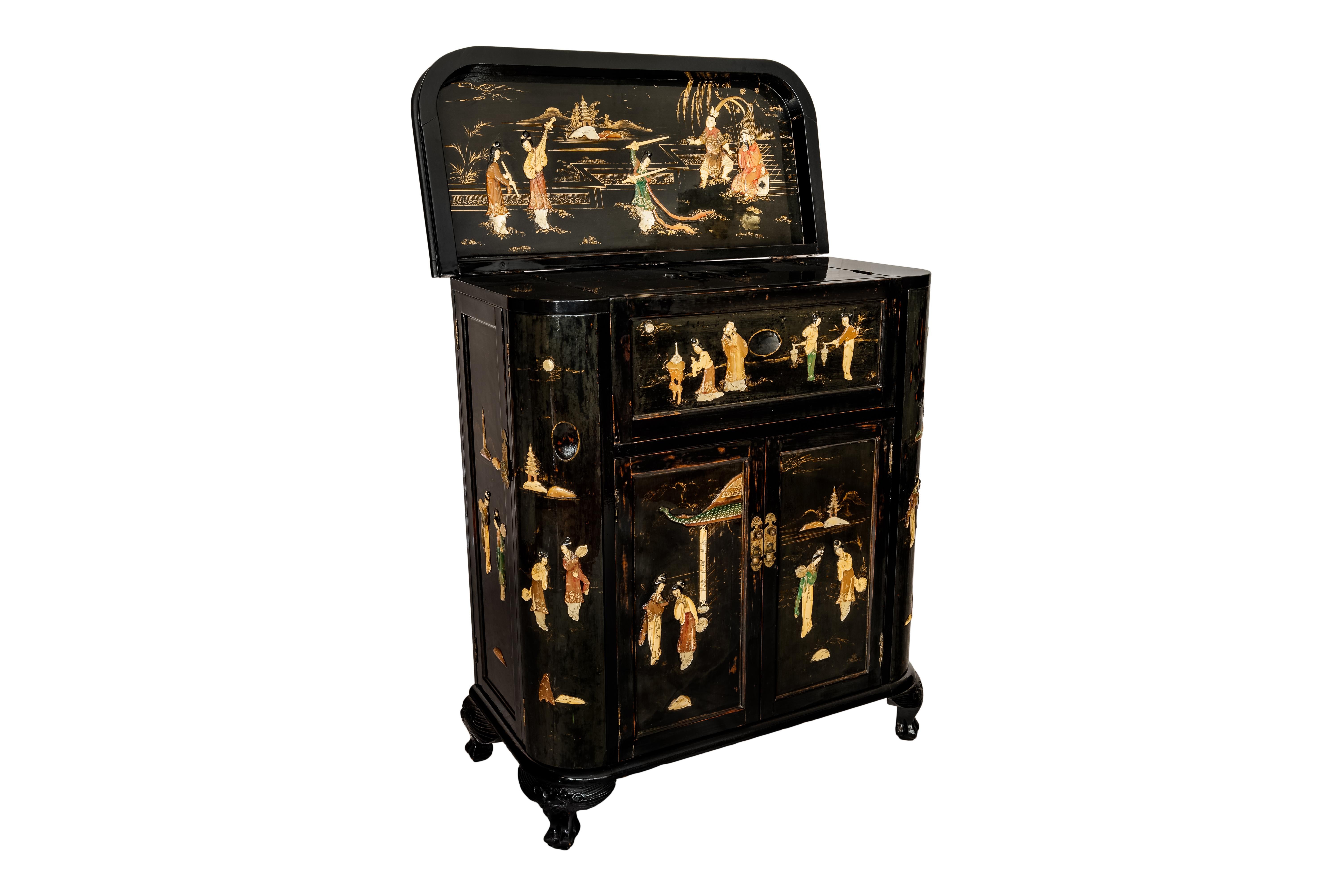 Mid-Century Modern Mid-Century Chino-Portuguese Inlaid Decorated Mahogany Dry Bar, Black Lacquered