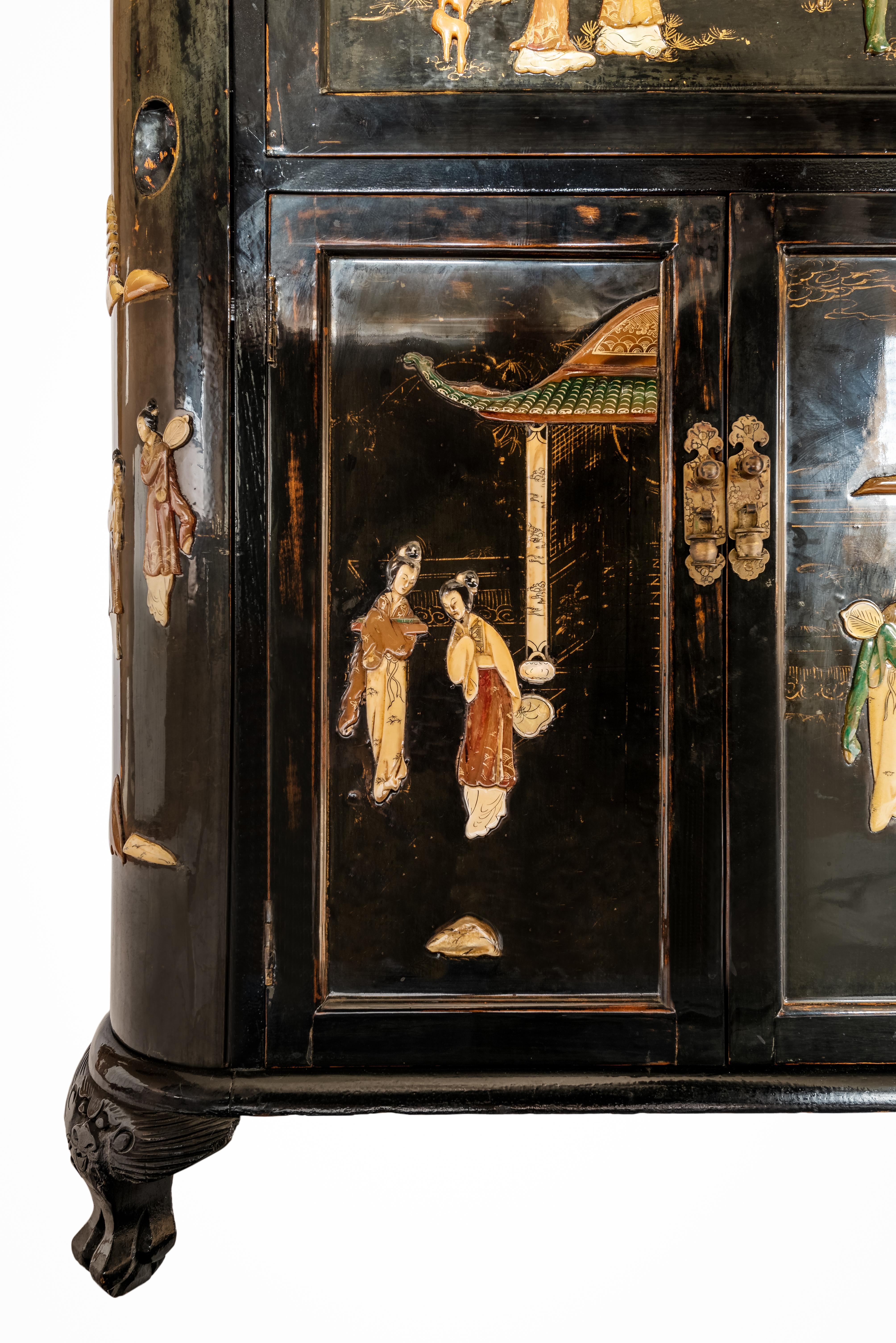 Soapstone Mid-Century Chino-Portuguese Inlaid Decorated Mahogany Dry Bar, Black Lacquered