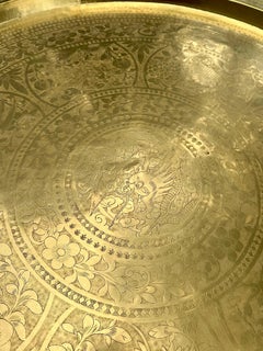 Mid-Century Chinoiserie 45 Inch Etched Brass Tray Coffee Table Teak Spider Base.