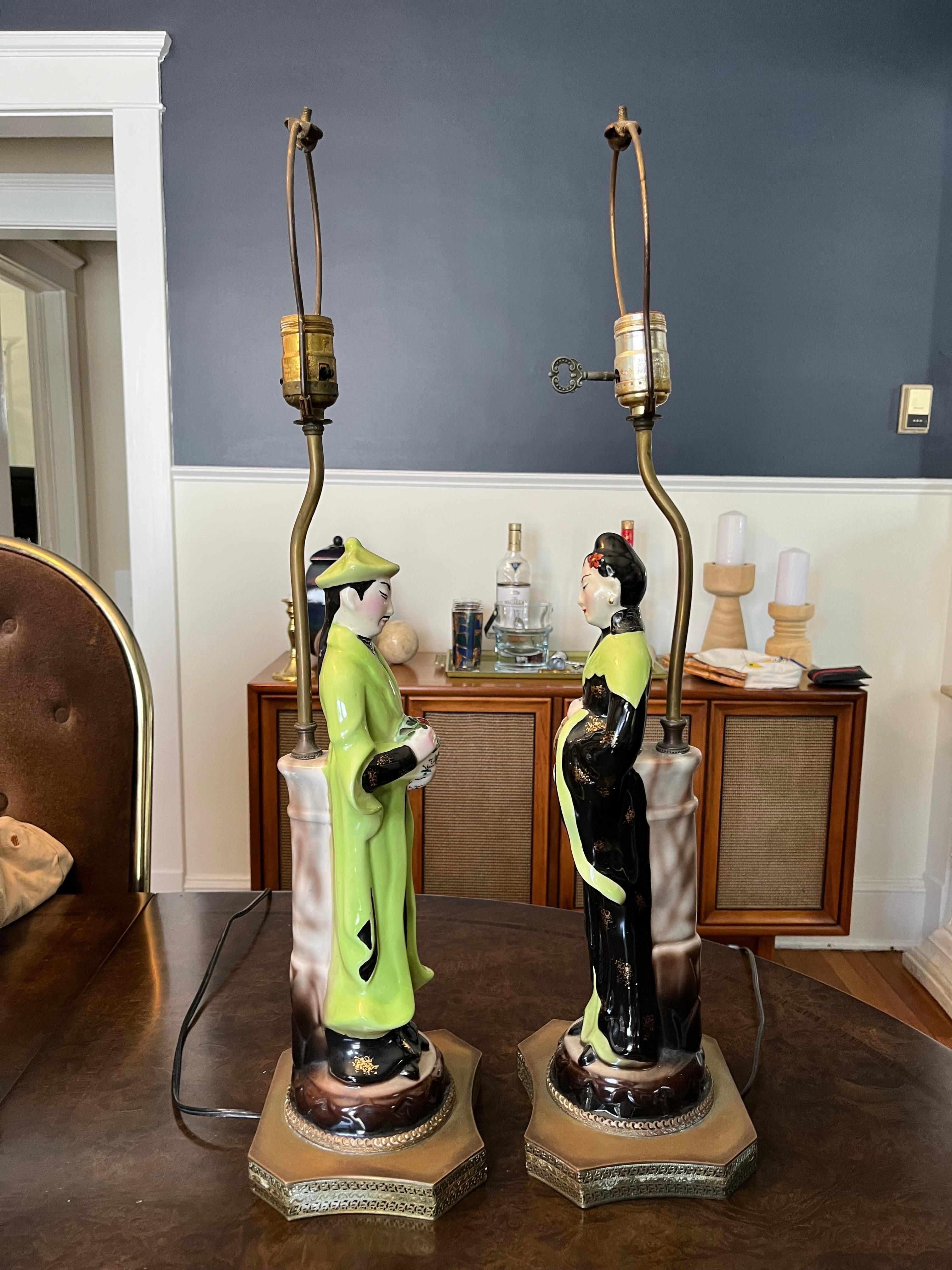 Mid Century Chinoiserie Asian Ceramic Figural Lamps In Good Condition For Sale In W Allenhurst, NJ