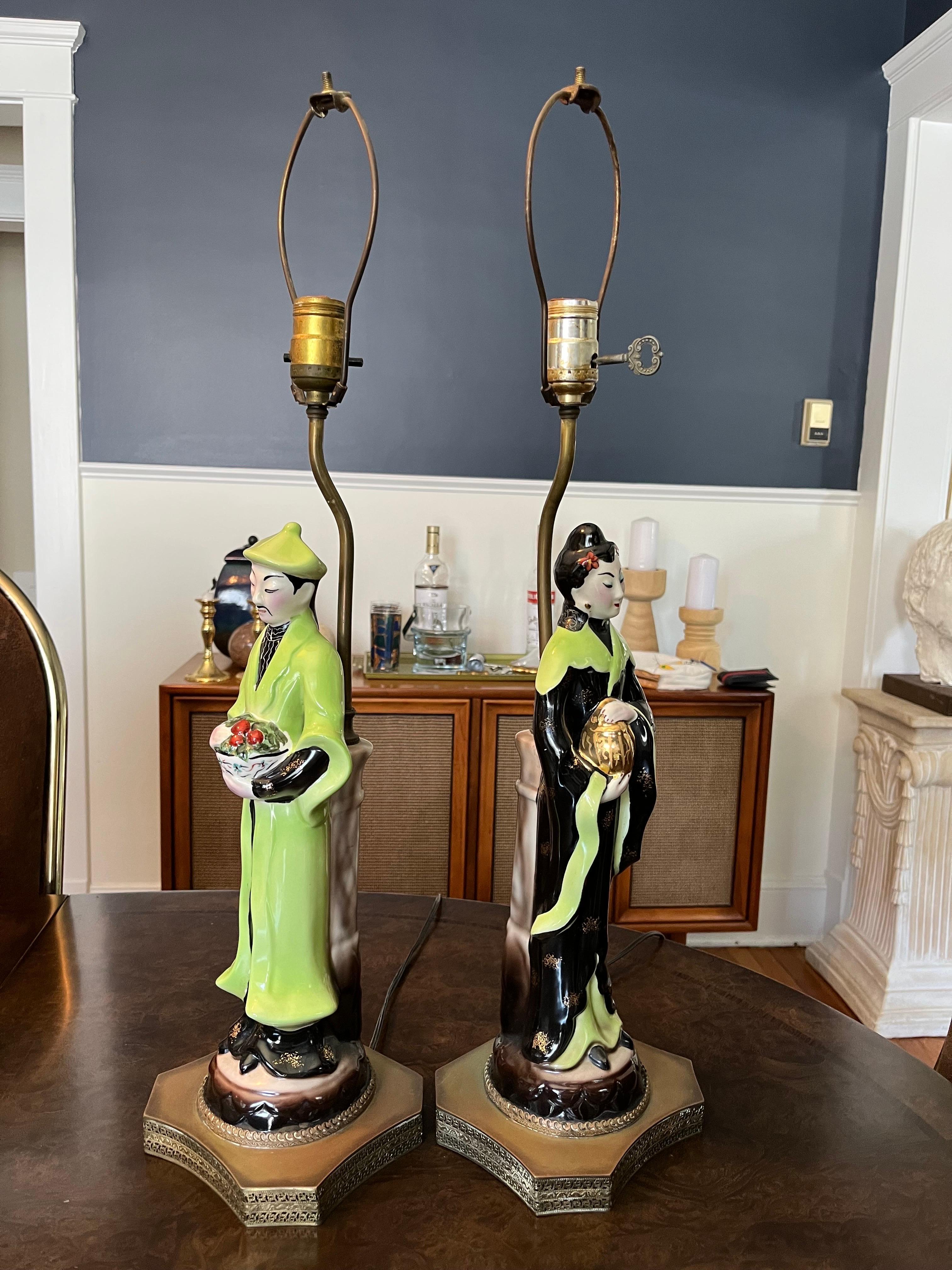 20th Century Mid Century Chinoiserie Asian Ceramic Figural Lamps For Sale